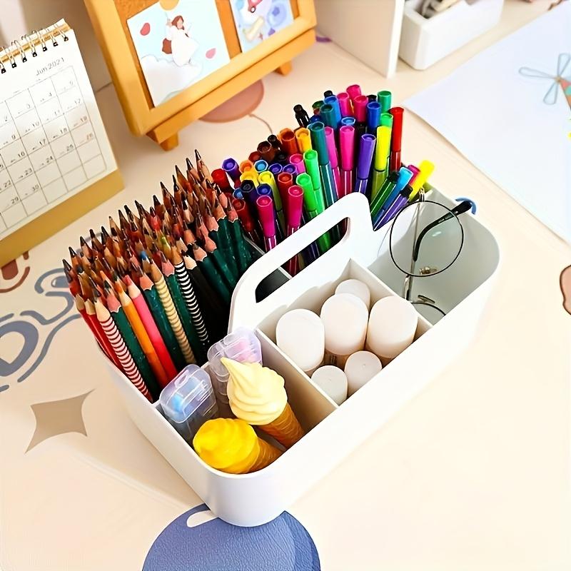 Multifunctional Storage Box with Handle, Five-Compartment Pen Holder Design, Portable Organizer for Desk Supplies, Office & Home Use
