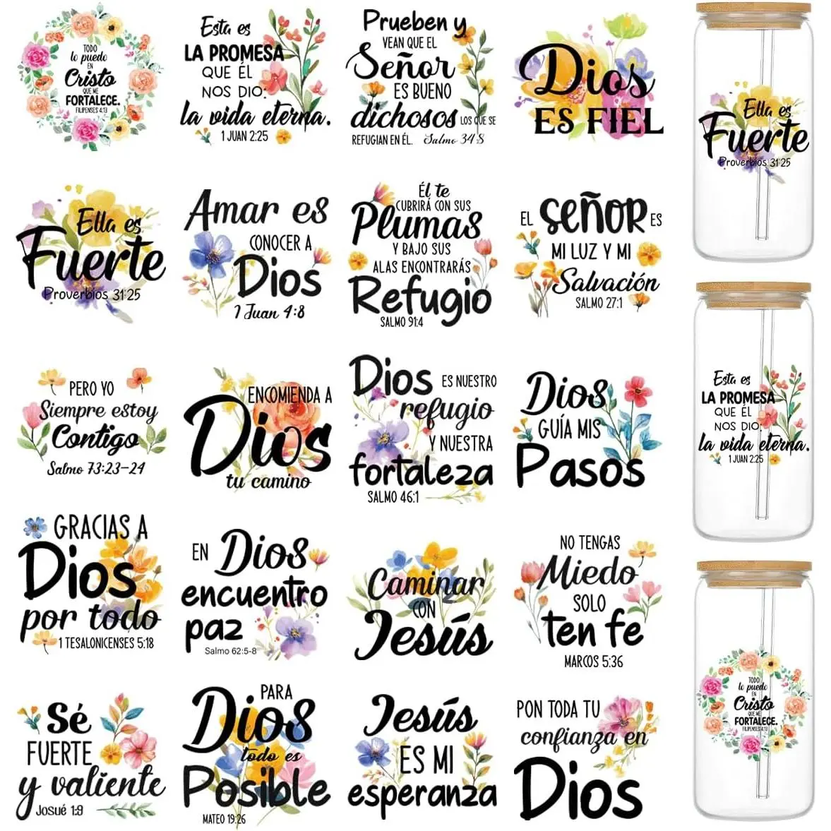 UV DTF Cup Wrap Transfer - 20 Sheets Spanish  UV DTF Cup Wraps for 16 oz Glass Cups Water Bottle,  Verse Transfers Stickers, Scripture Quotes Creative DIY Uvdtf  Crafts Gifts