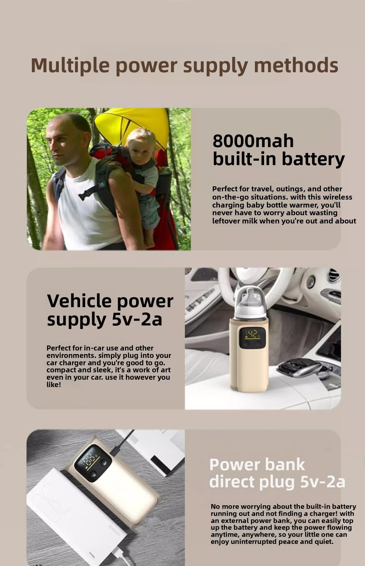 Baby bottle insulation cover with battery storage, portable for outdoor use, waterless heating, wireless constant temperature, rechargeable milk warmer