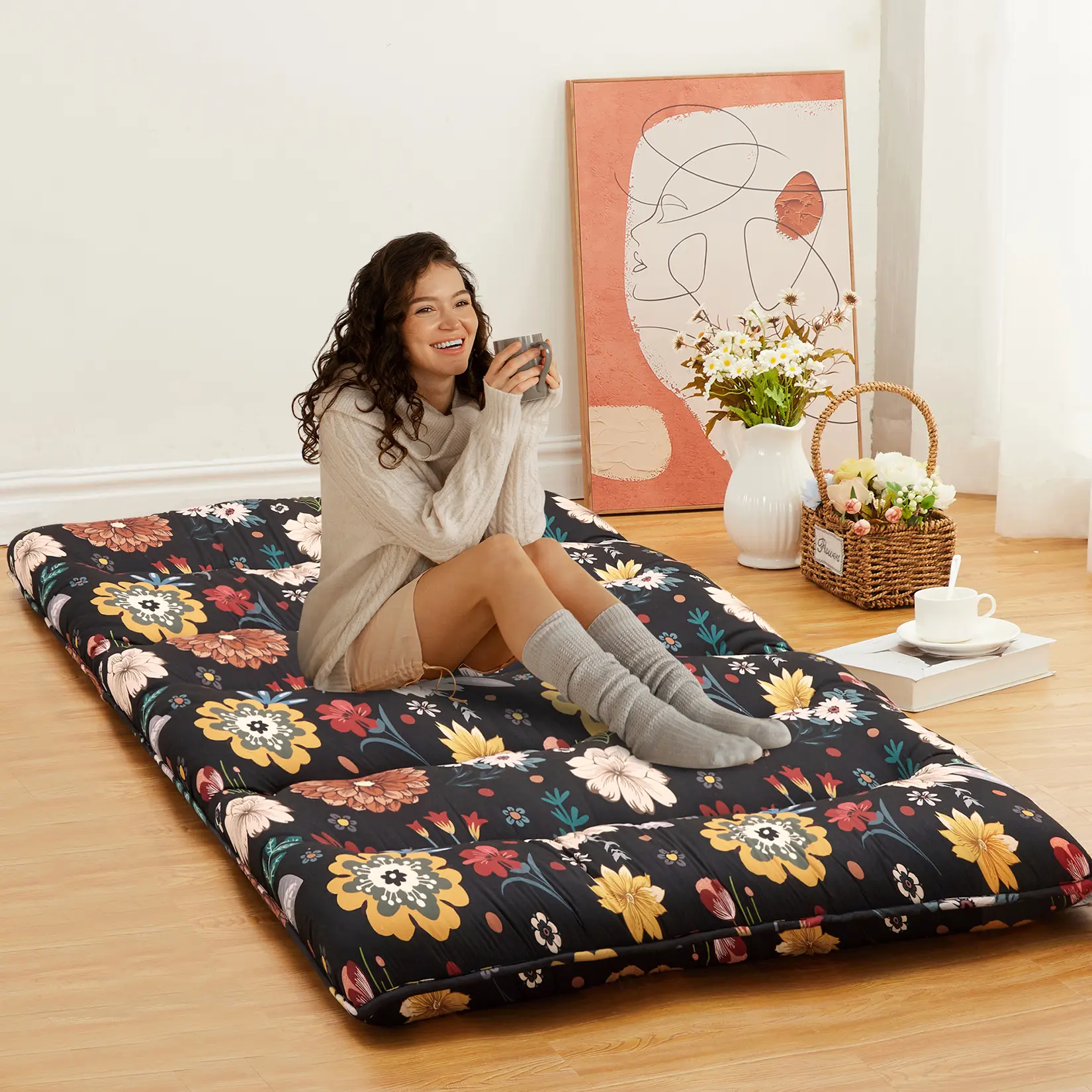 Twin Size Japanese Futon Floor Mattress, 3 Inch Thick Floral Tatami Mat, Foldable Portable Sleeping Mattress, Modern Floor Bed for Living Room, Guest Room, Camping, Black