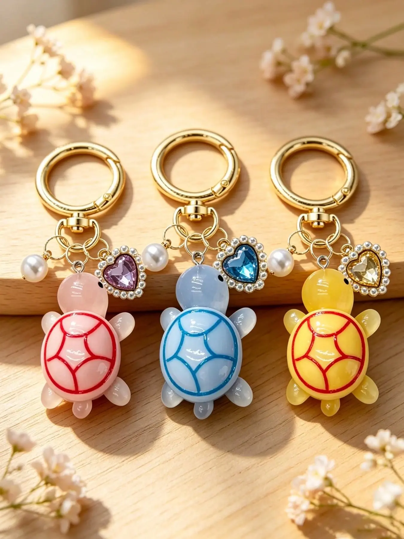 Cute Resin Turtle Keychain Pendant, Sparkling Round Resin & Rhinestone Heart, Ocean Animal Theme, Fashion Accessory for Bags, Wallets, Cars, Gifts