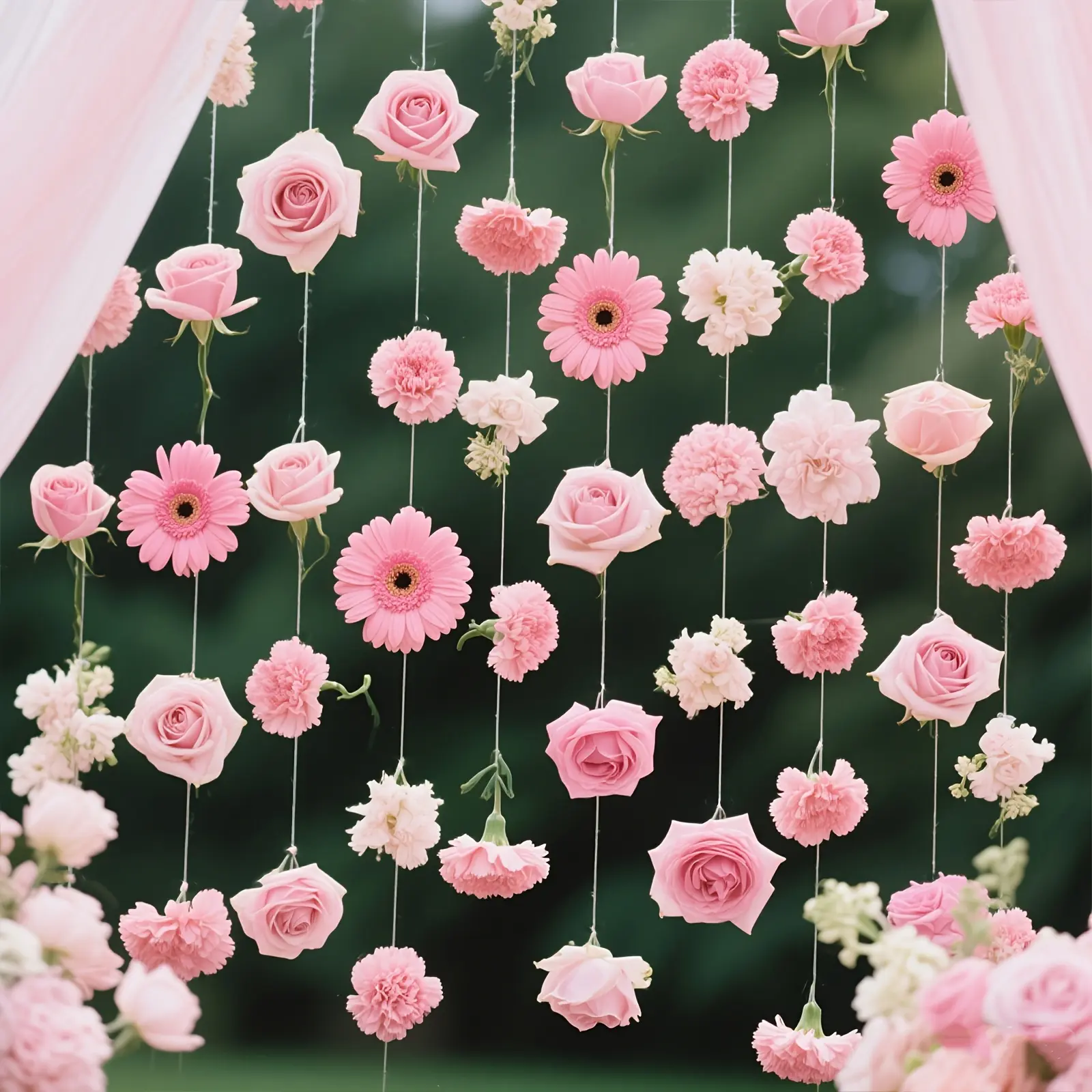 41-Piece Floral Waterfall Decoration Set – Includes 40 Assorted Pink Artificial Flowers and 1 Roll of Clear String; Suitable for Wedding & Party Decor, Valentine's Day, Bridal Showers, Birthdays, and Room Decoration (Pink Flower Styles Randomly Selected)