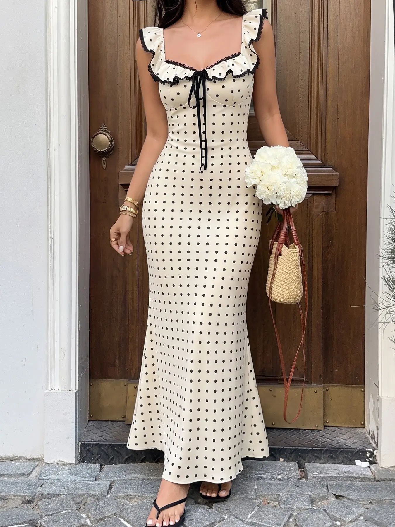 Cream Polka Dot Lace Ruffle Tie Front Mermaid Midi Dress, Vintage Romantic Elegant Sleeveless Dress For Summer Daily Wear Fit Feminine #springsaledeals2026 #mididress #polkadotdress #womenswear