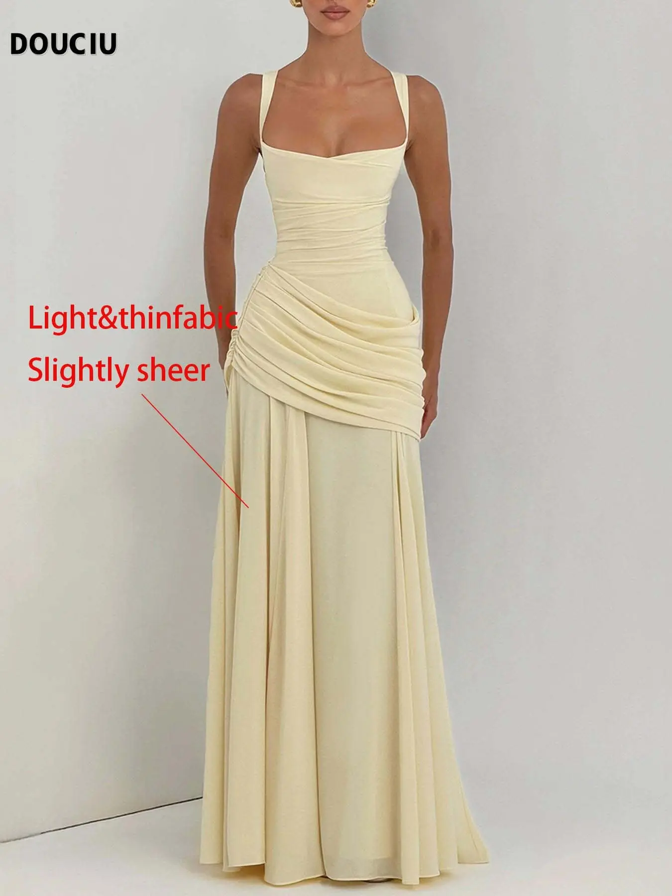 DOUCIU Spring Summer Thin Sleeveless Plain Semi-Transparent Long Dress Gowns, Elegant Pleated Chiffon A-Line Dress, Cross Back Maid Dress, Wedding Guest Evening Party Formal Dress