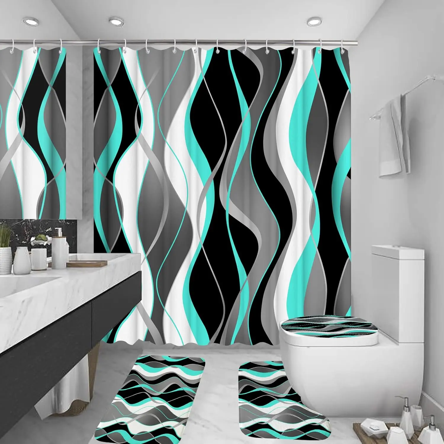 Flannel Poly 4-Piece Bathroom Bath Accessory Set Bundle, 72x72 in Waterproof Shower Curtain with 12 Hooks, Non-Slip Rug, Toilet Lid Cover & Bath Mat (Black & Gray)