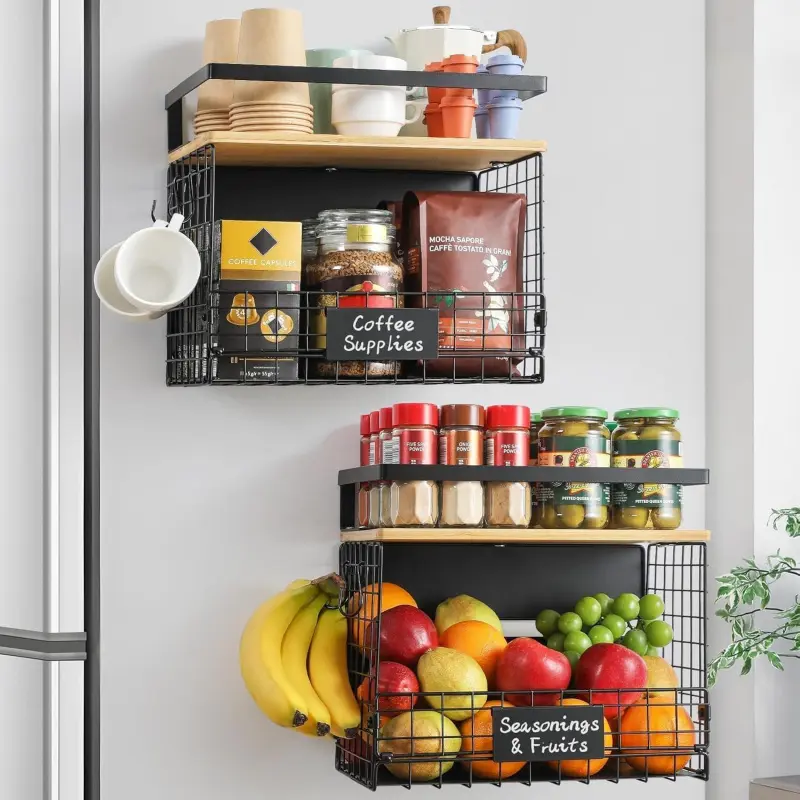 2 SET Strong Magnetic Shelf Basket for Fridge with Tag & Bamboo Top, XXL Large Magnetic Spice Rack Shelves for Side of Refrigerator, Kitchen Pantry Storage Organizer for Food Fruit Veg