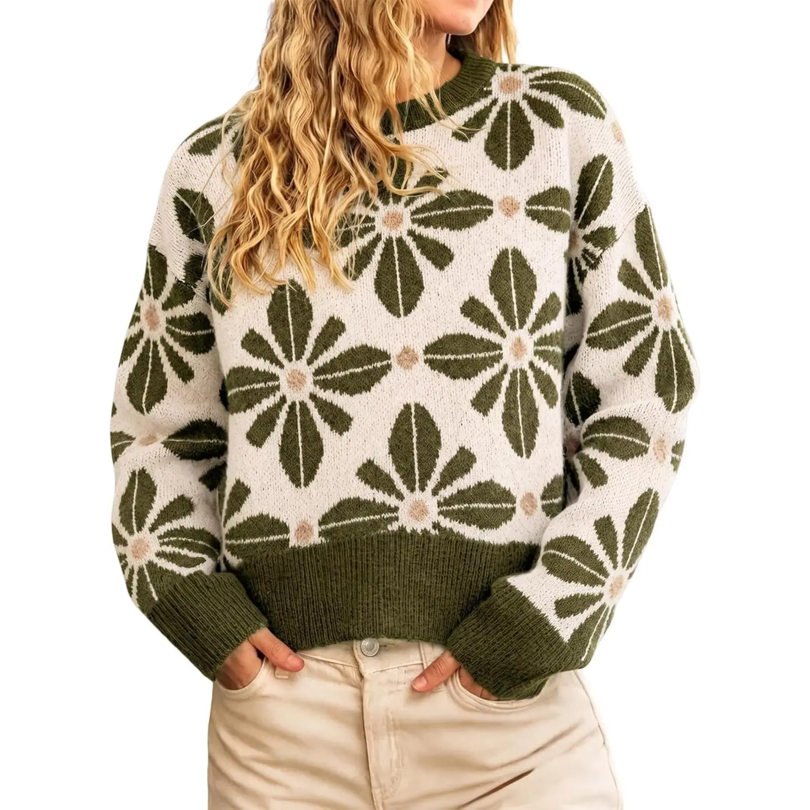 Cicy Bell Women's Long Sleeve Floral Sweater Crew Neck Pullover Knit Tops | Drop Shoulder, Loose Fit, Ribbed Knit, Loose Fit, Fall Winter