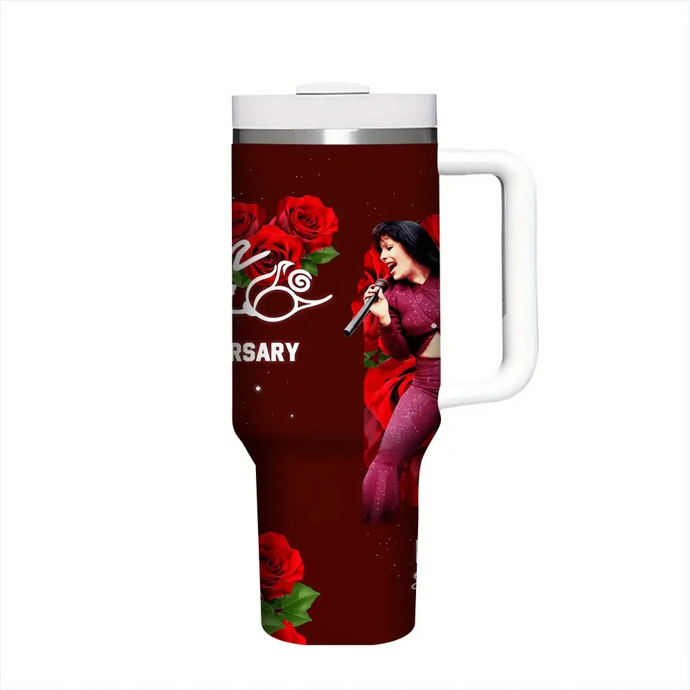1pc 17oz/17.5oz/20oz/30oz/32oz/40oz Selena Quintanilla Stage Performance Red Rose Anniversary Tumbler With Handle | Tejano Music Queen Fan Stainless Steel Insulated Travel Mug