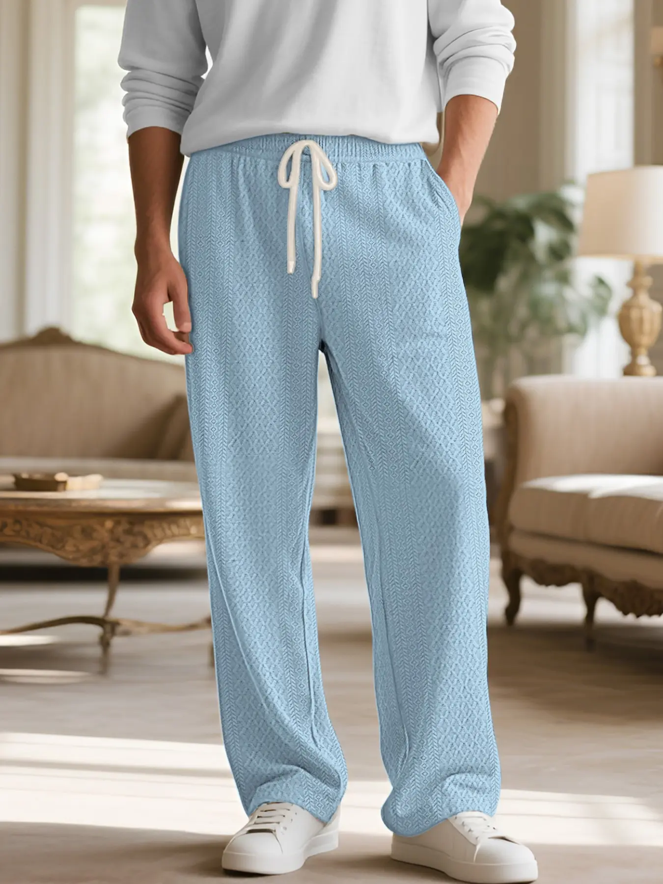 Men's casual textured check knitted trousers, Textured pants, with diamond-shaped jacquard waffle knit fabric, adjustable drawstring waistband, loose wide-leg silhouette, suitable for home relaxation, urban streetwear, vacation outfits