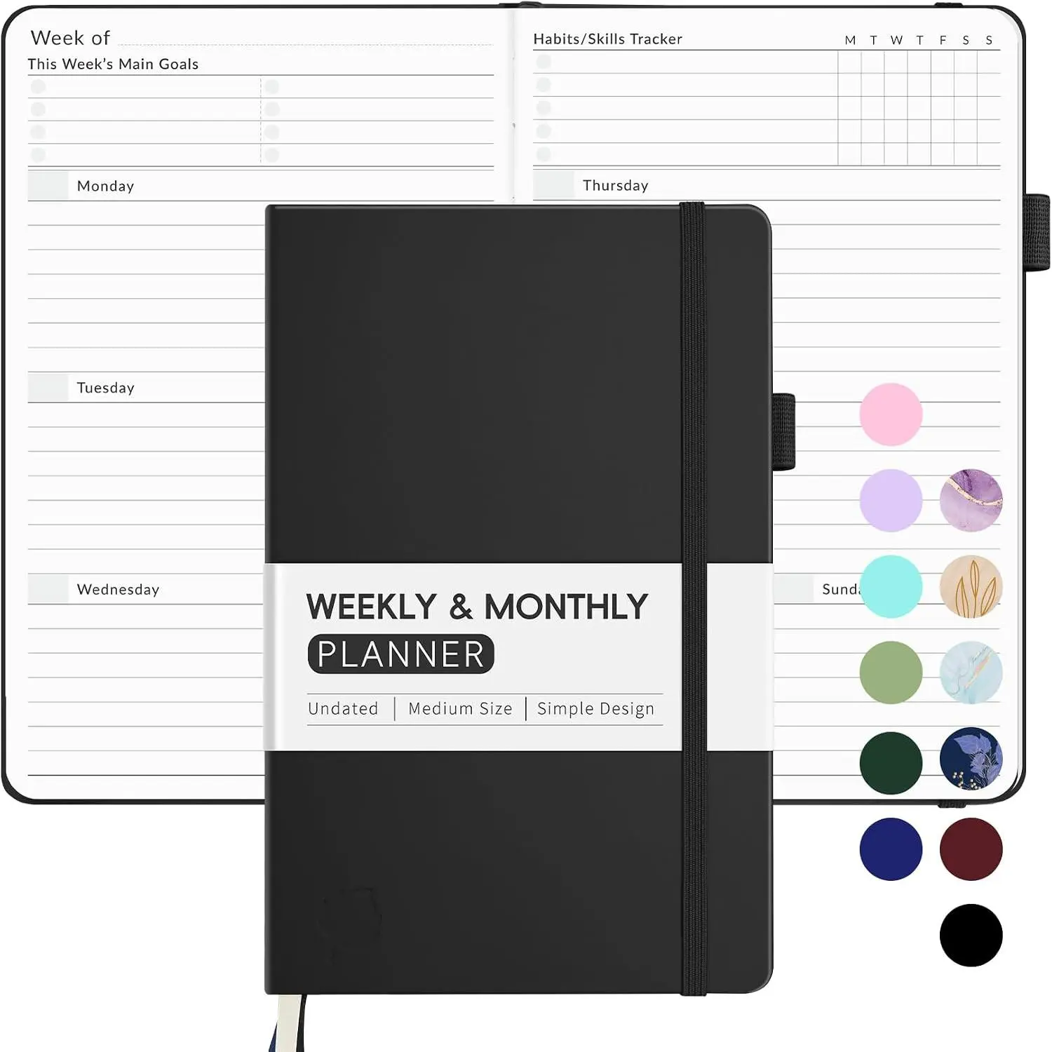 Minimalist A5 Size Undated Planner 2026-2027 - Weekly Layout, Monthly Calendar, Daily Organizer with Paper Pages, Task Tracker Agenda for Goal Setters, Start Anytime, Black Office Stationery