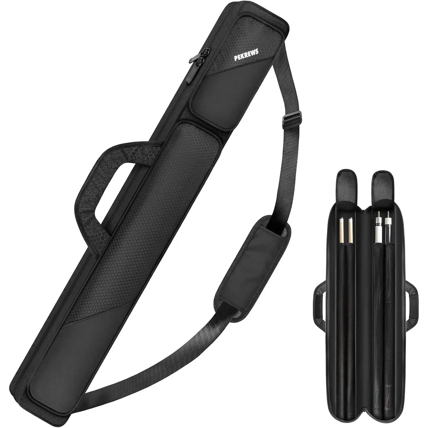 Pool Cue Case, Pool Stick Case 2x2 Holds 2 Sticks with 2 Accessory Zipper Pockets, Sturdy Polyester Pool Cue Carry Bag with Shoulder Strap Handle, Soft Billiard Cue Sling Bag for Men and Women