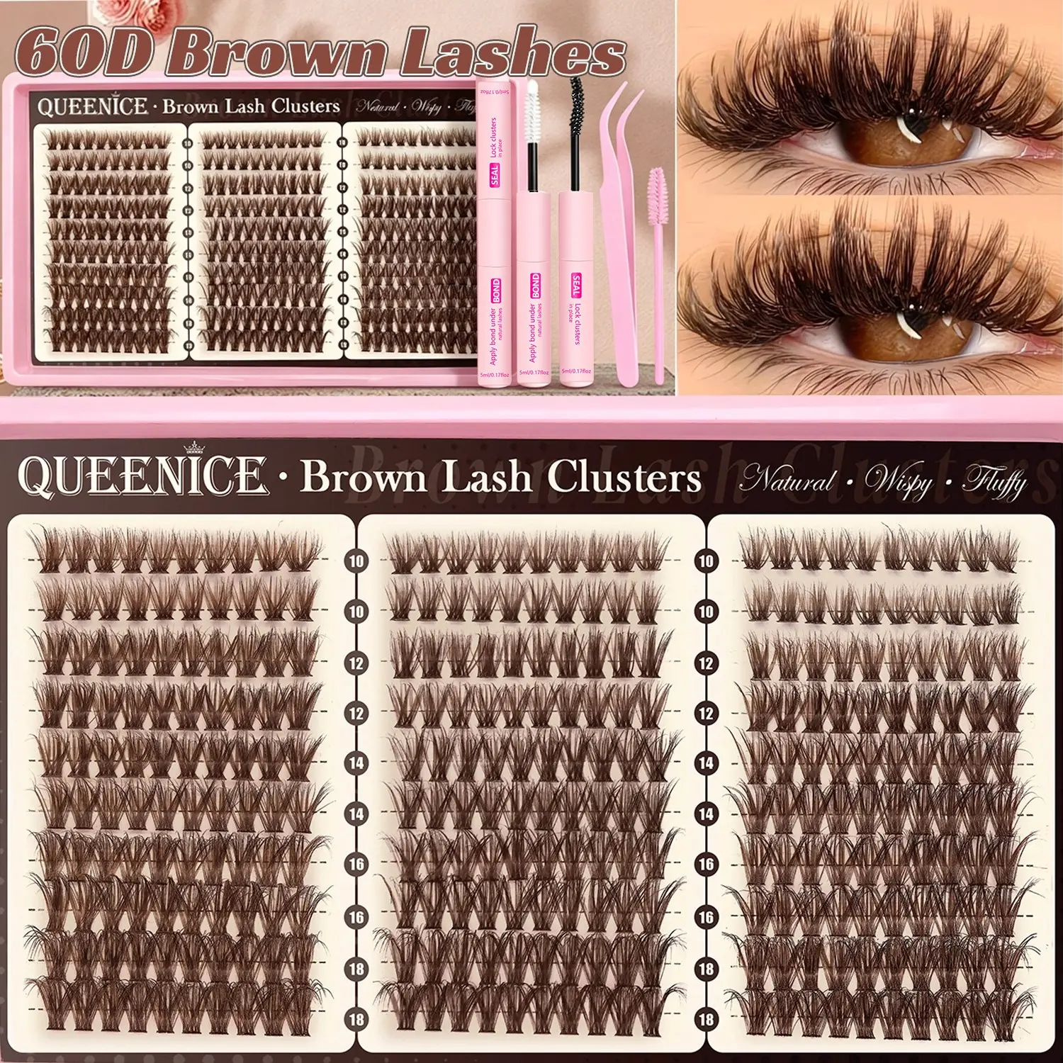 Brown Lash Clusters Kit Natural 300Pcs Wispy Lashes Cluster Eyelash Cluster Extensions Kit C Curve Individual Lashes Extensions Kit For DIY Waterproof & Long - Lasting (Light Brown10-16mm) Diy Eyelashes Clusters