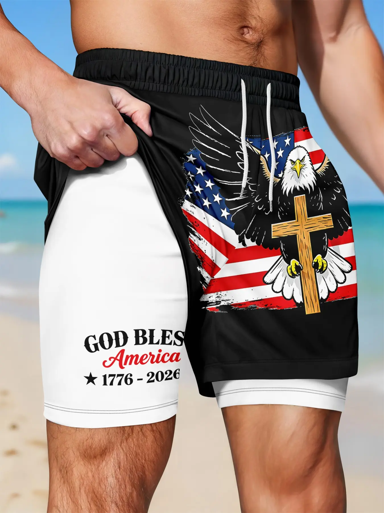 Men's Dual-Layer Elastic Shorts, Vintage Animal Cross Print, Drawstring Quick-Dry Beach Shorts, Summer Vacation Surfing Daily Wear, Drawstring Swim Shorts, Swimwear Shorts