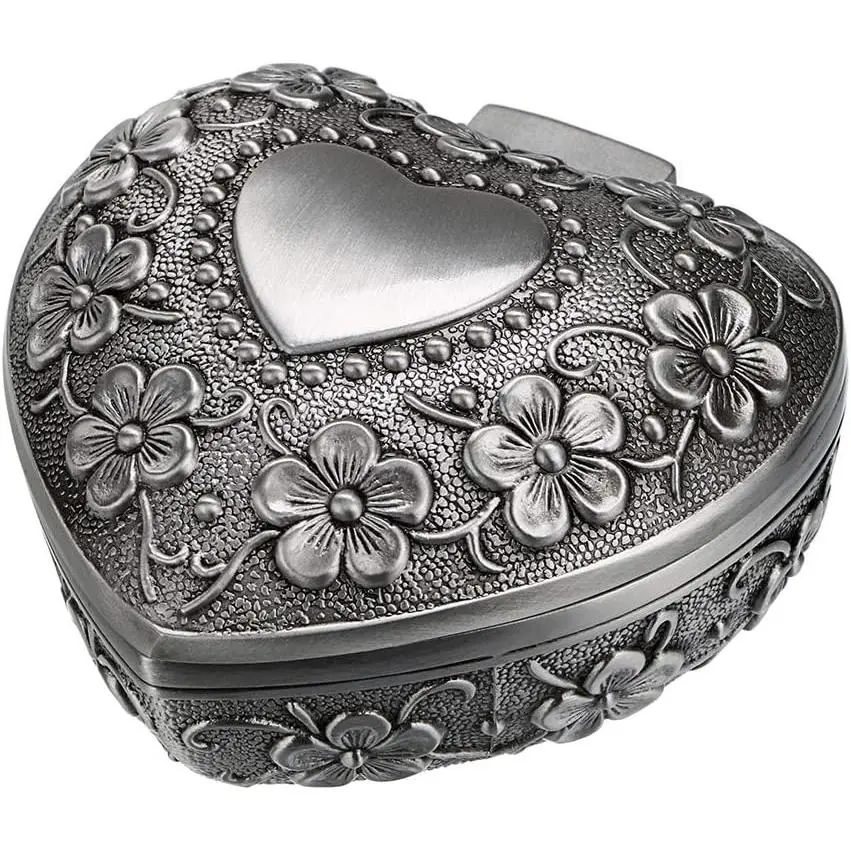 Vintage Heart Shape Jewelry Box - Small Antique Ring/Earrings/Necklace Storage Organizer Case, Metal Treasure Chest Trinket Keepsake Gift Box for Women