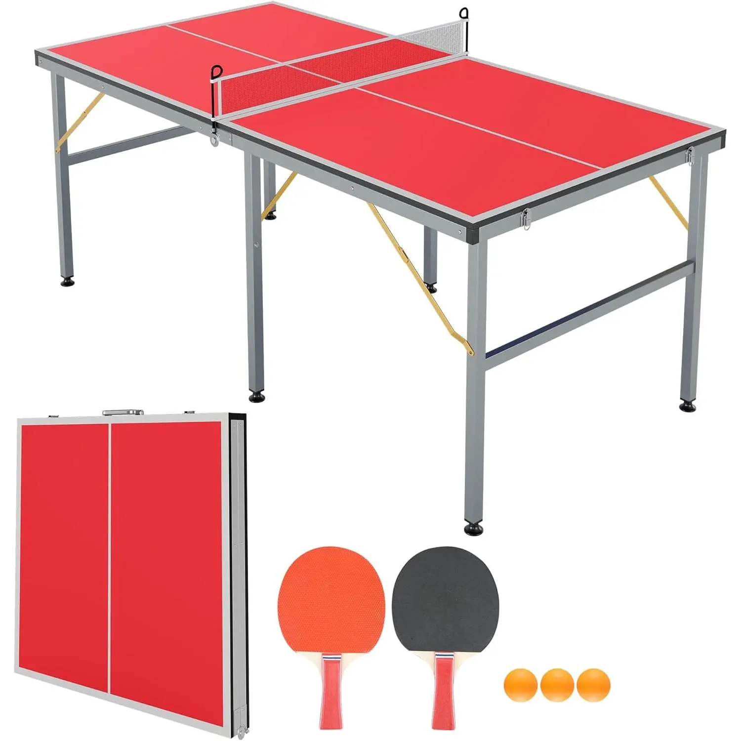 Portable 6x3FT Midsize Ping Pong Table Set - Foldable Indoor/Outdoor Table Tennis Table with 2 Paddles & 3 Balls