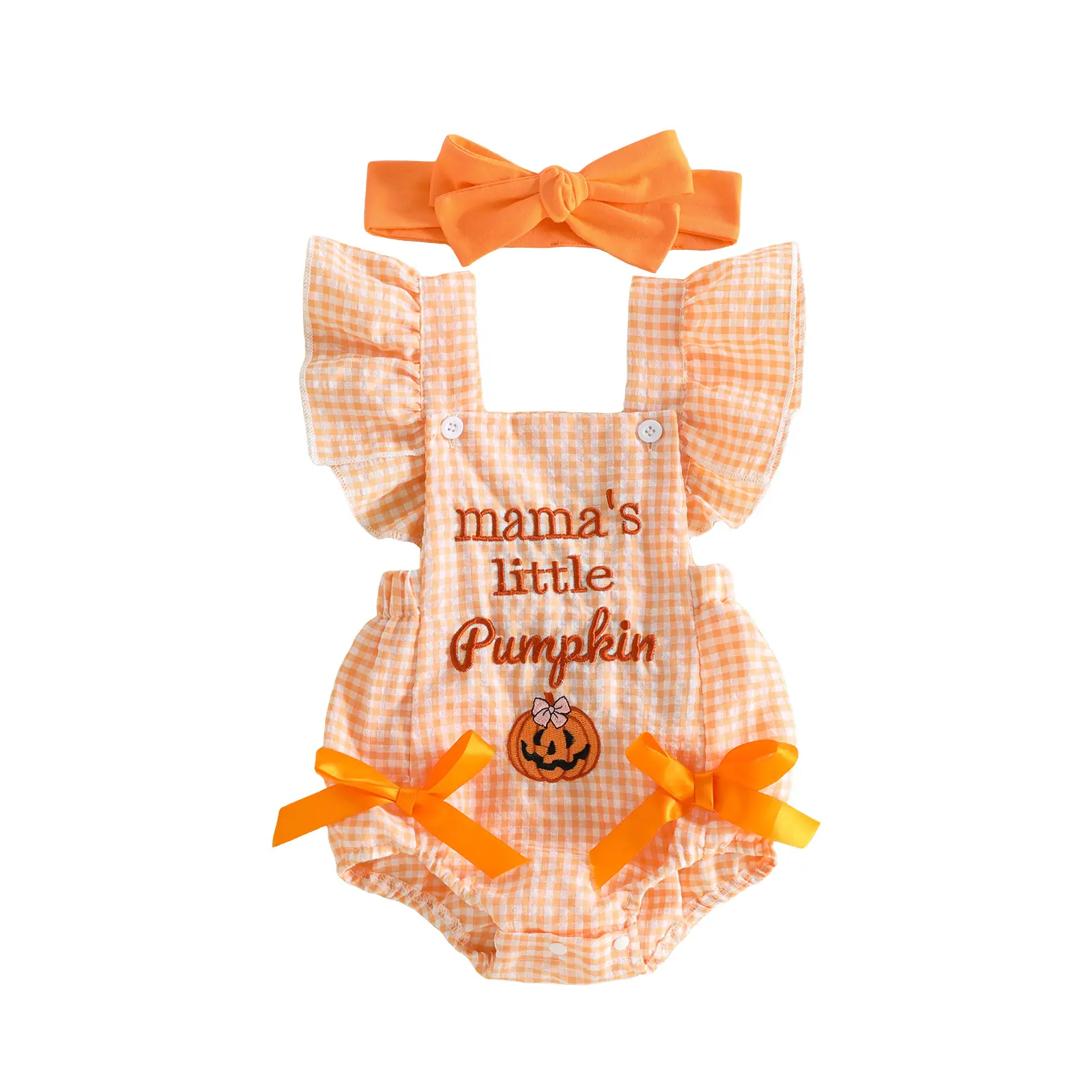 Babamoon Cotton-Poly Safe Materials Newborn Infant Baby Girl Halloween Plaid Pattern Embroidered Romper Set, Onesie Bodysuit Jumpsuit with Headband, 0-18M