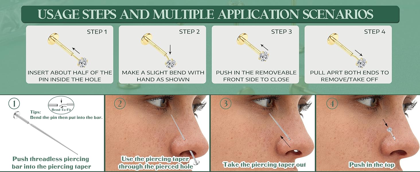 Trendy summer 14K Gold Plated  Threadless Nose Studs CZ Nose Rings for Women Men 316L Surgical Steel Labret Studs Lip Rings Push in Flat Back Stud Earrings CZ Nose Nostril Tragus Helix Piercing Jewelry Hypoallergenic 20G 18G 16G