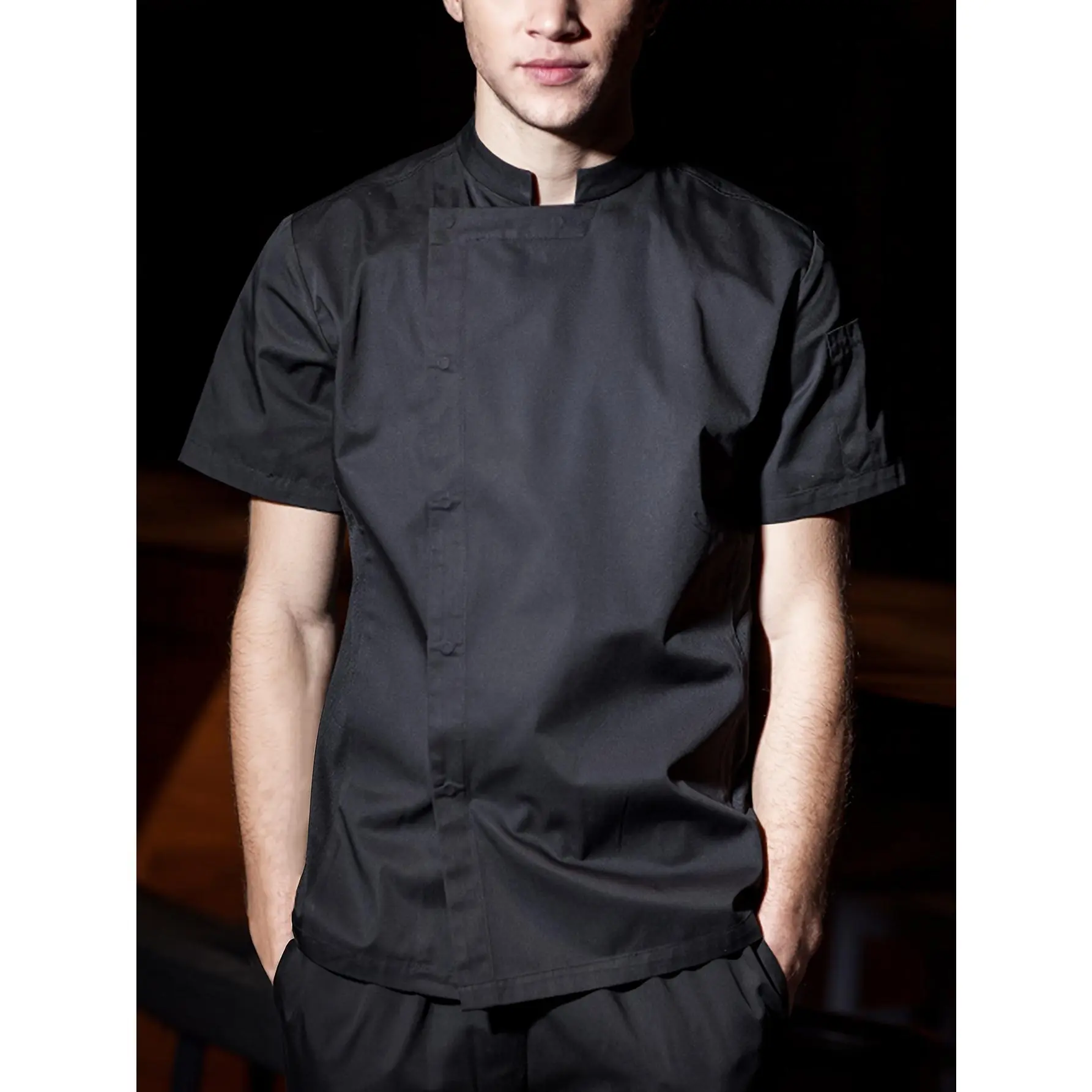 Spring Summer Men'S Solid Color Stand-Up Collar Short Sleeve Chef Uniform Hotel Restaurant Back Kitchen Cooking Outfit Lightweight Comfortable Breathable Chef Workwear
