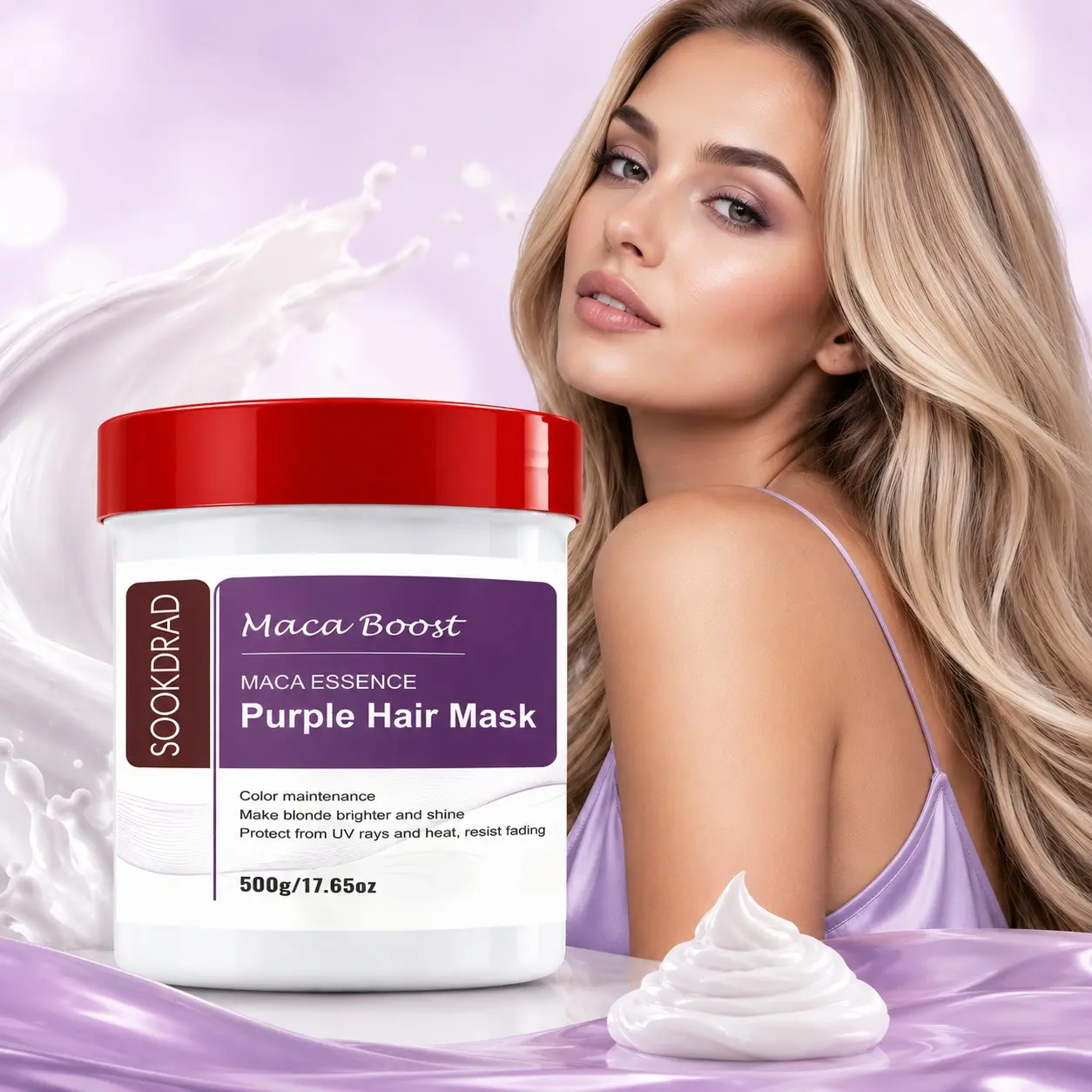 Purple Hair Mask, Maca Boost, Color Maintenance, Brighten Blonde, Enhance Shine, UV Heat Protection, Fade Resistant, 500g/17.65oz, Hair Care Product