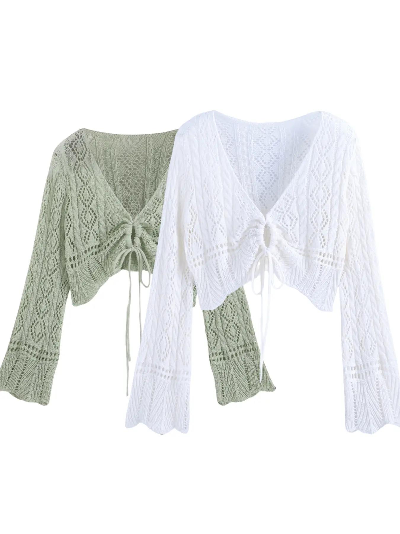 【Plus Size】 Hollow Out Drawstring Sheer Cardigan, Casual Flounce Sleeve V Neck Knitwear Top for Spring & Fall, Women's Plus Clothing for Daily Wear