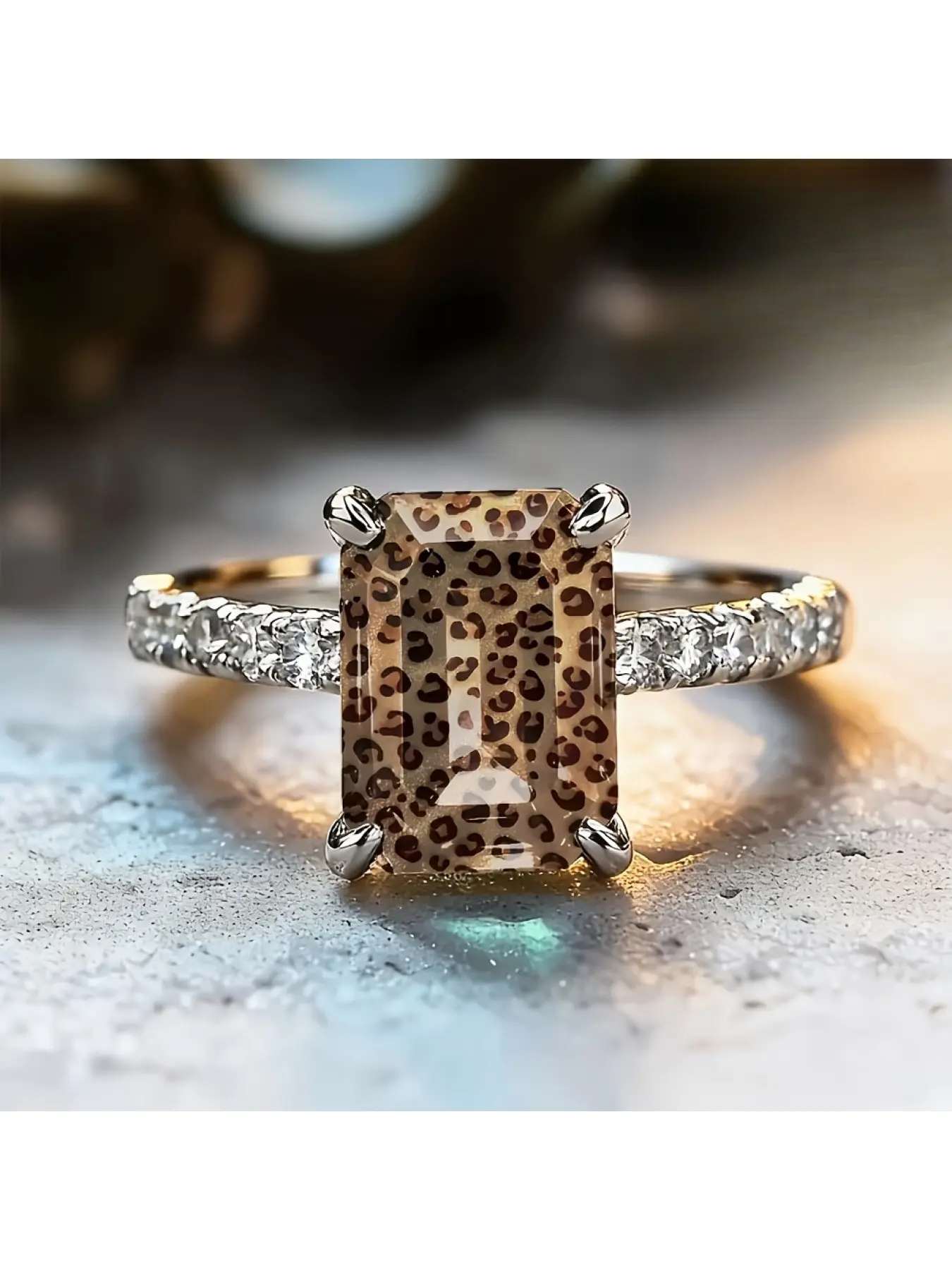 Maillard Light Brown Fine Glitter Leopard Print Rectangular Ring with Luxury and Elegance, Ideal Gift for Girlfriend on Birthdays and Festivals, Internet Celebrity's Same Style Jewelry