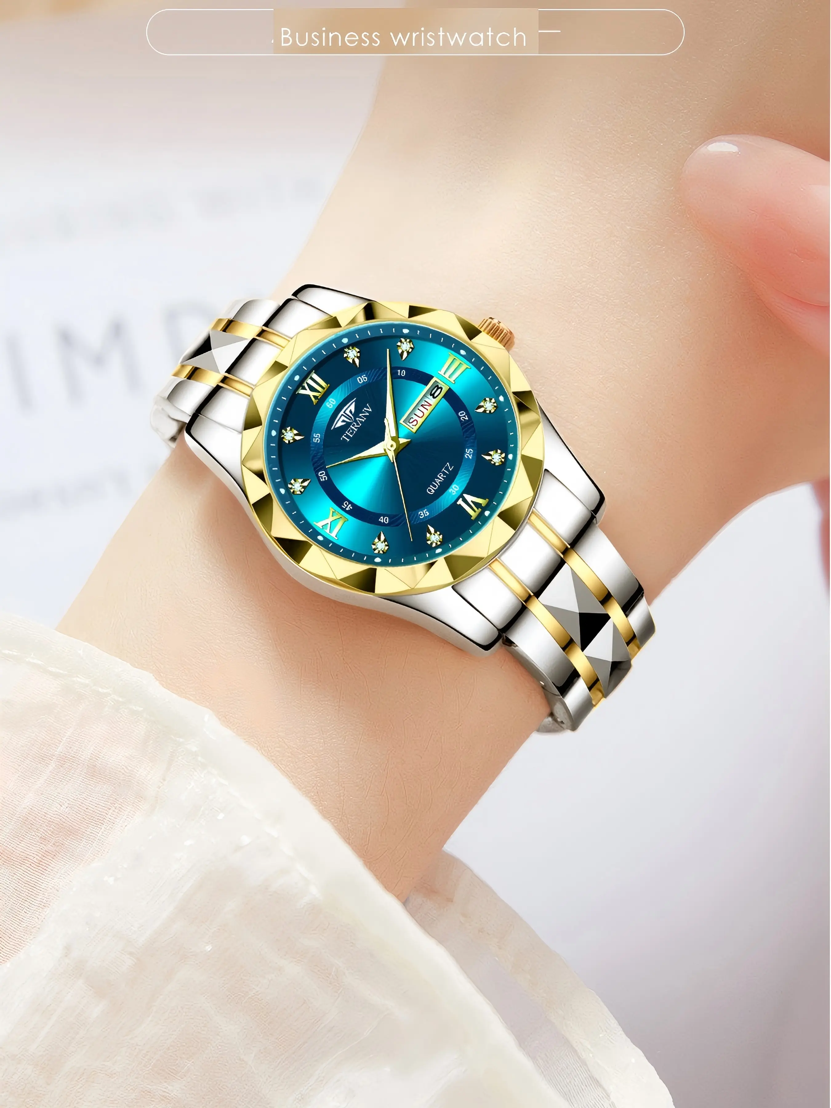 Women's Business Fashion Rhinestone Quartz Watch, Calendar Party Wristwatch, Night Glow, Stainless Steel, Gift Box Included