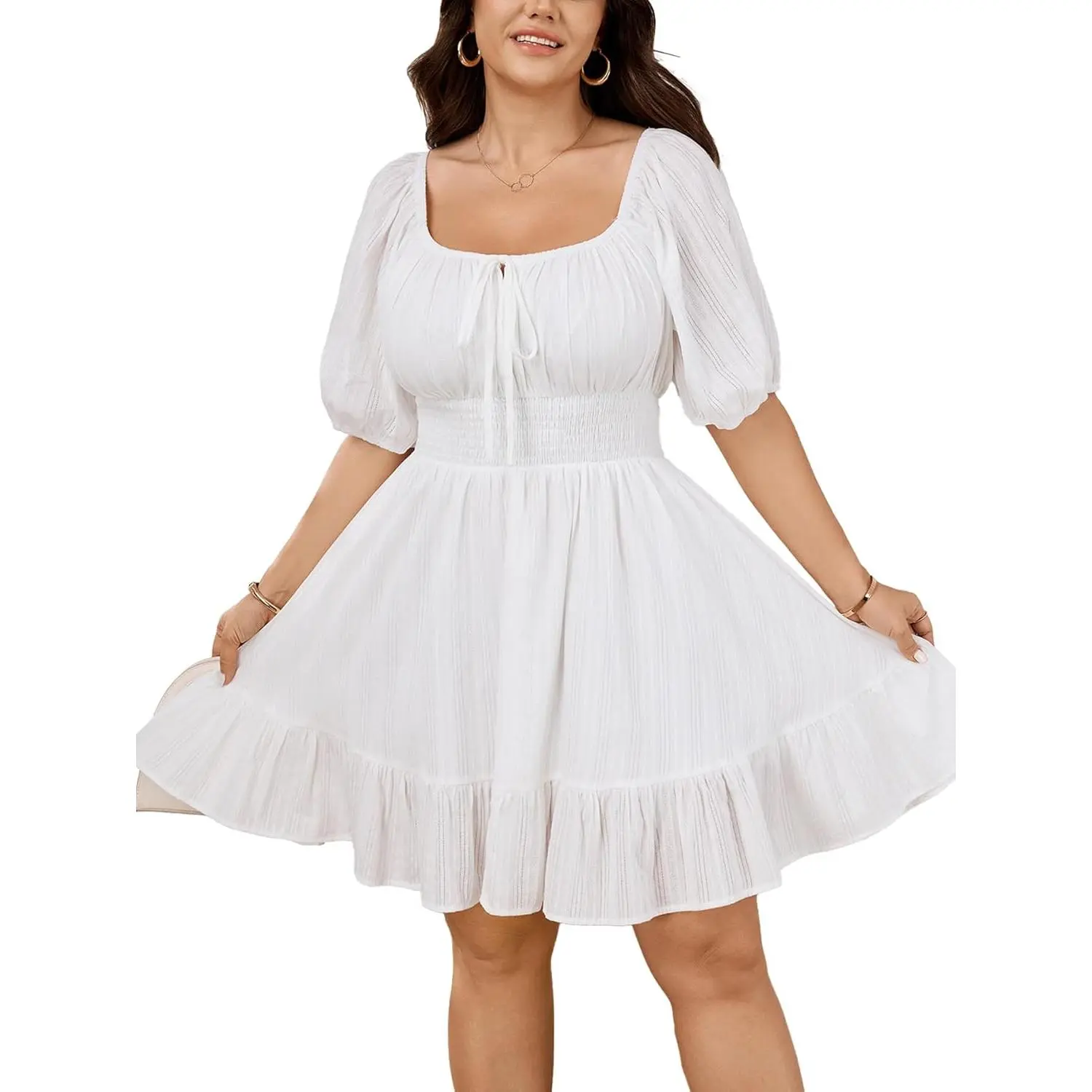 Women's Plus Size Summer Dresses Cotton Short Sleeve Square Neck Ruffle A-Line Flowy Party Short Milkmaid Dress