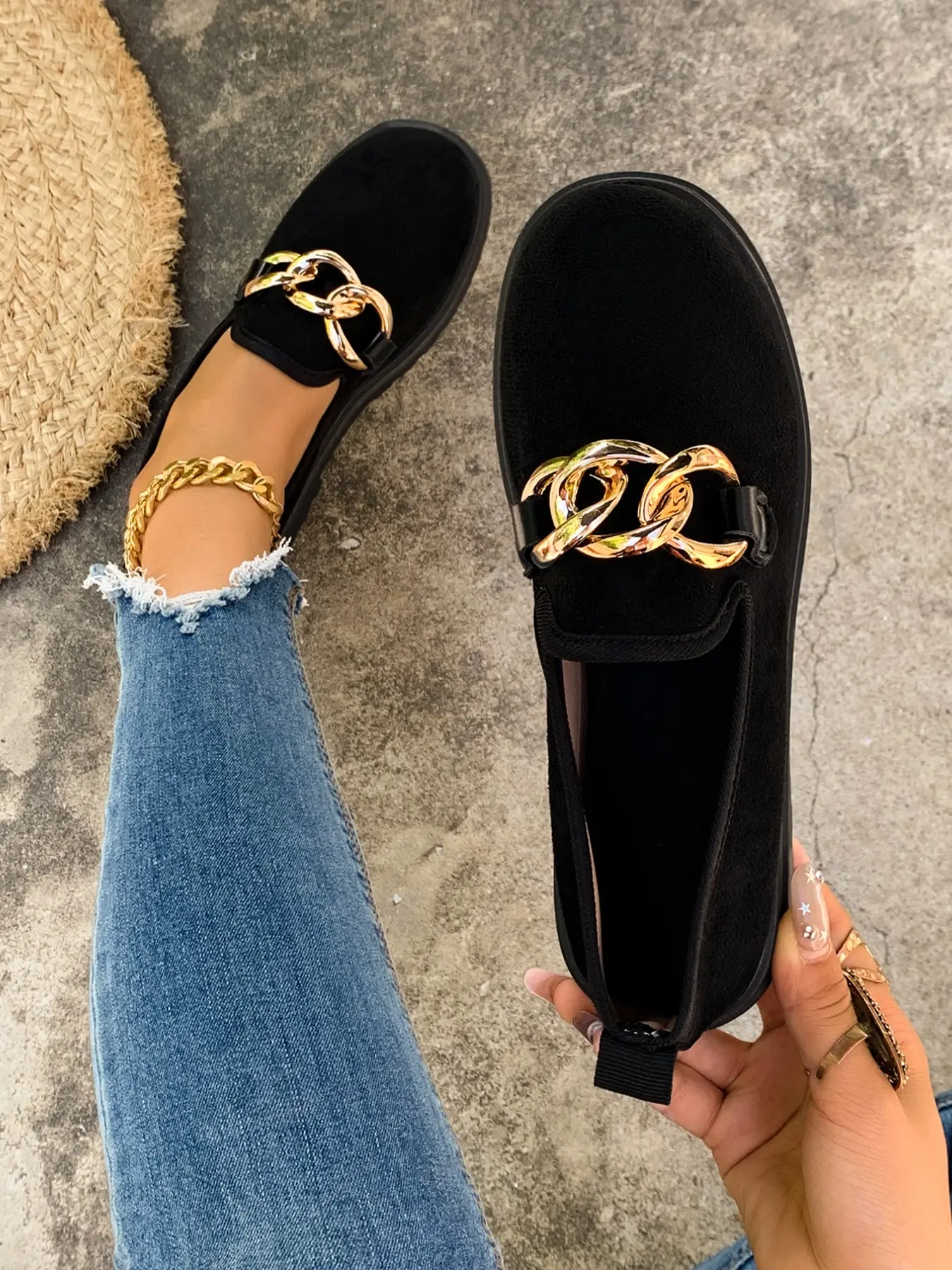 Leopard Print Metal Chain Decorative Loafers for Women, Round Toe High Heel Slip-On Shoes, Comfortable & Stylish Daily Wear Footwear