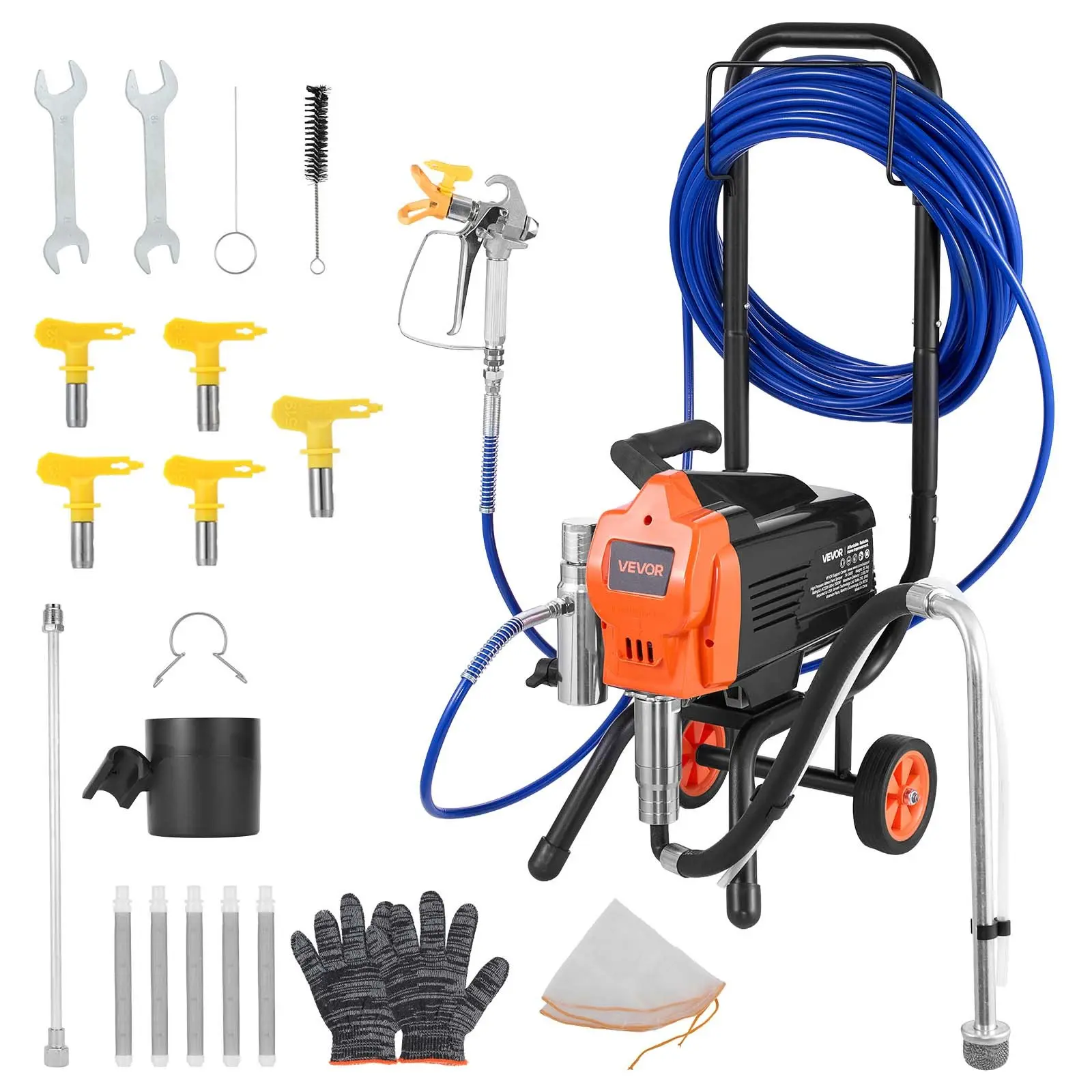 【Summerfinds】VEVOR 1500W Wheeled Metal Airless Paint Sprayer, 3300PSI High-Pressure Electric Sprayer with Rubber-ABS-Metal Frame-Carbon Steel Build, Cart, Brush, Hose, Rod, Nozzles, 15.75x12.59x34.45in Stand Machine for Large Jobs Spray Finishing, 1500 W