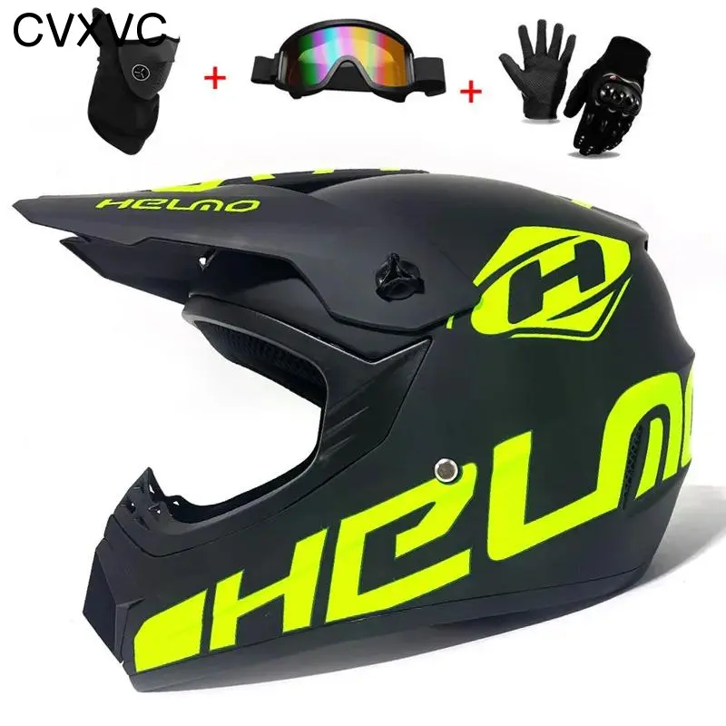 CVXVC Motorcycle full-face helmet for teenagers Adult and children helmet, off-road motorcycle helmet, goggles, gloves, protective riding helmet  4-Piece Set for ATV UTV Motocross E-Bike Electric Bicycle Men Women Windproof Breathable Safety Racing Gear,