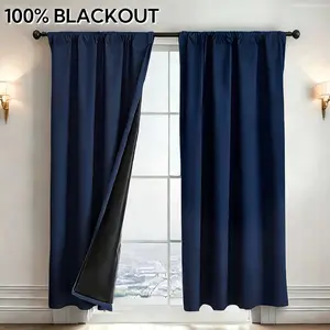 100% Blackout Rod Pocket Curtain with Black Liner, Thermal Insulated & Noise Reducing Solid Color Drapes for Bedroom & Living Room，1 Panel