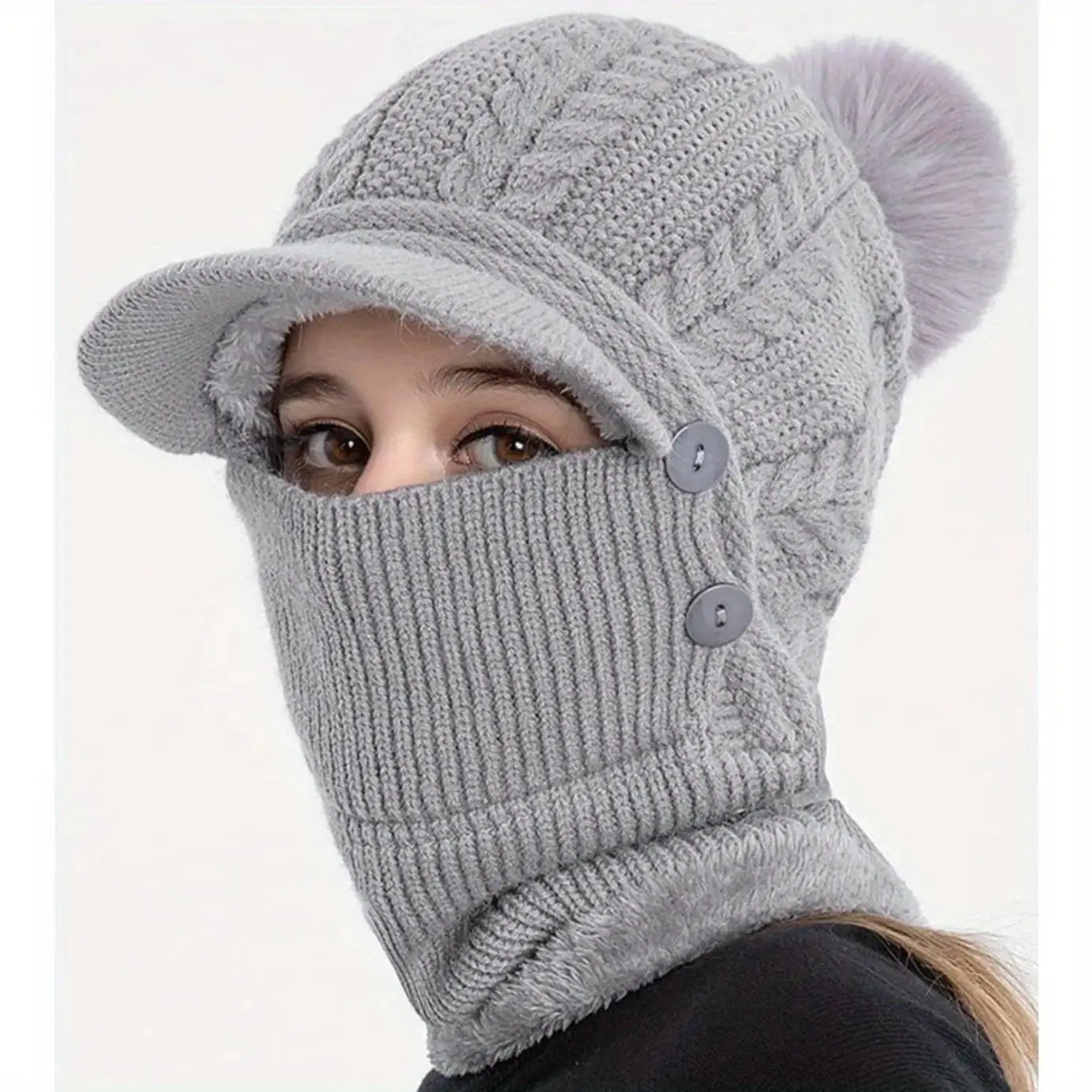 Women's Classic Knitted Cable-Knit Winter Balaclava Set, Fleece-Lined Windproof Thermal Beanie with Brim & Pom Pom, Integrated Neck Face Cover for Outdoor Cycling, Driving