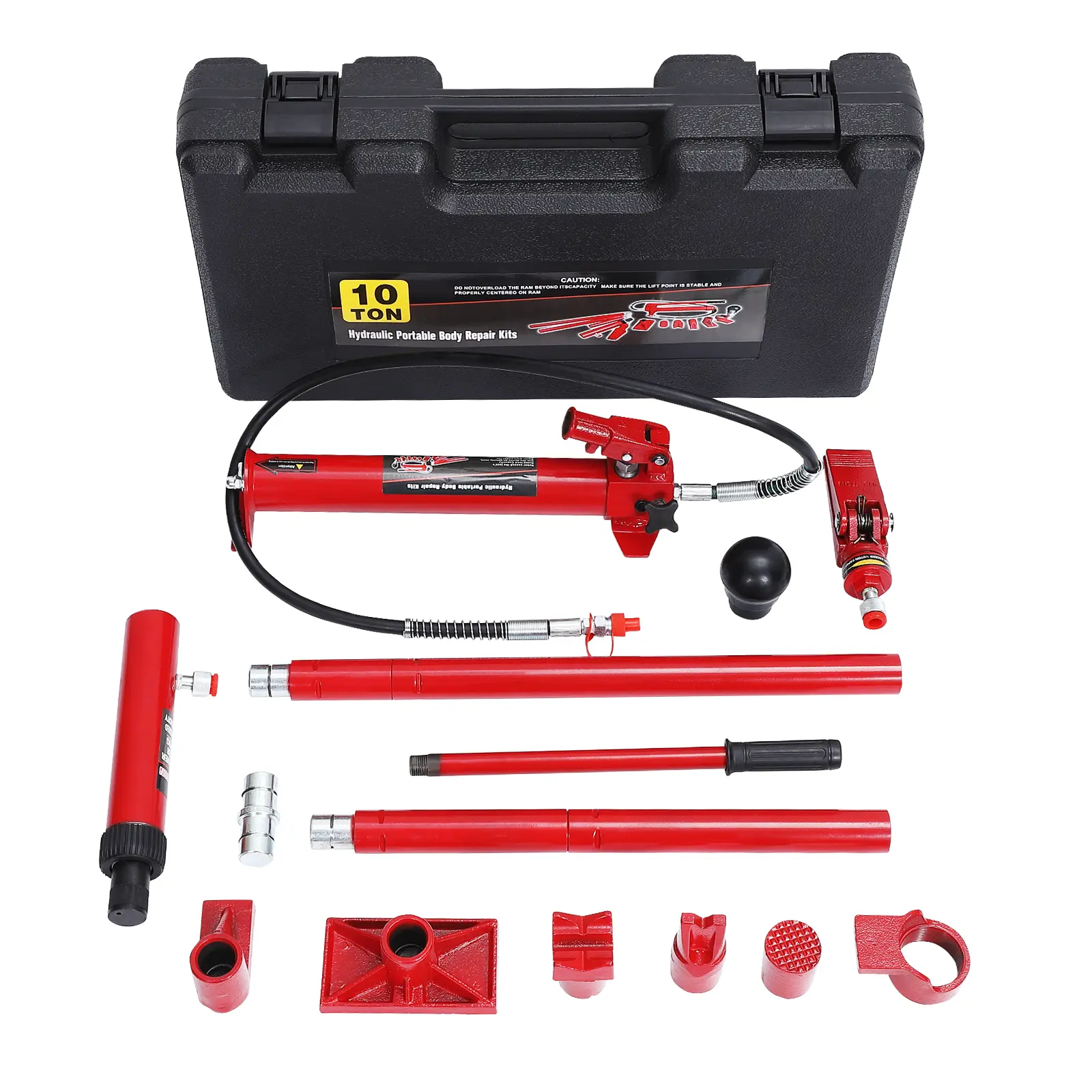 10 Ton Porta Power Hydraulic Jack Set equipped with hydraulic ram pump, 4.6ft high-pressure oil hose and rolling storage case, heavy-duty portable hydraulic lifting tool for auto frame straightening and vehicle body repair jobs
