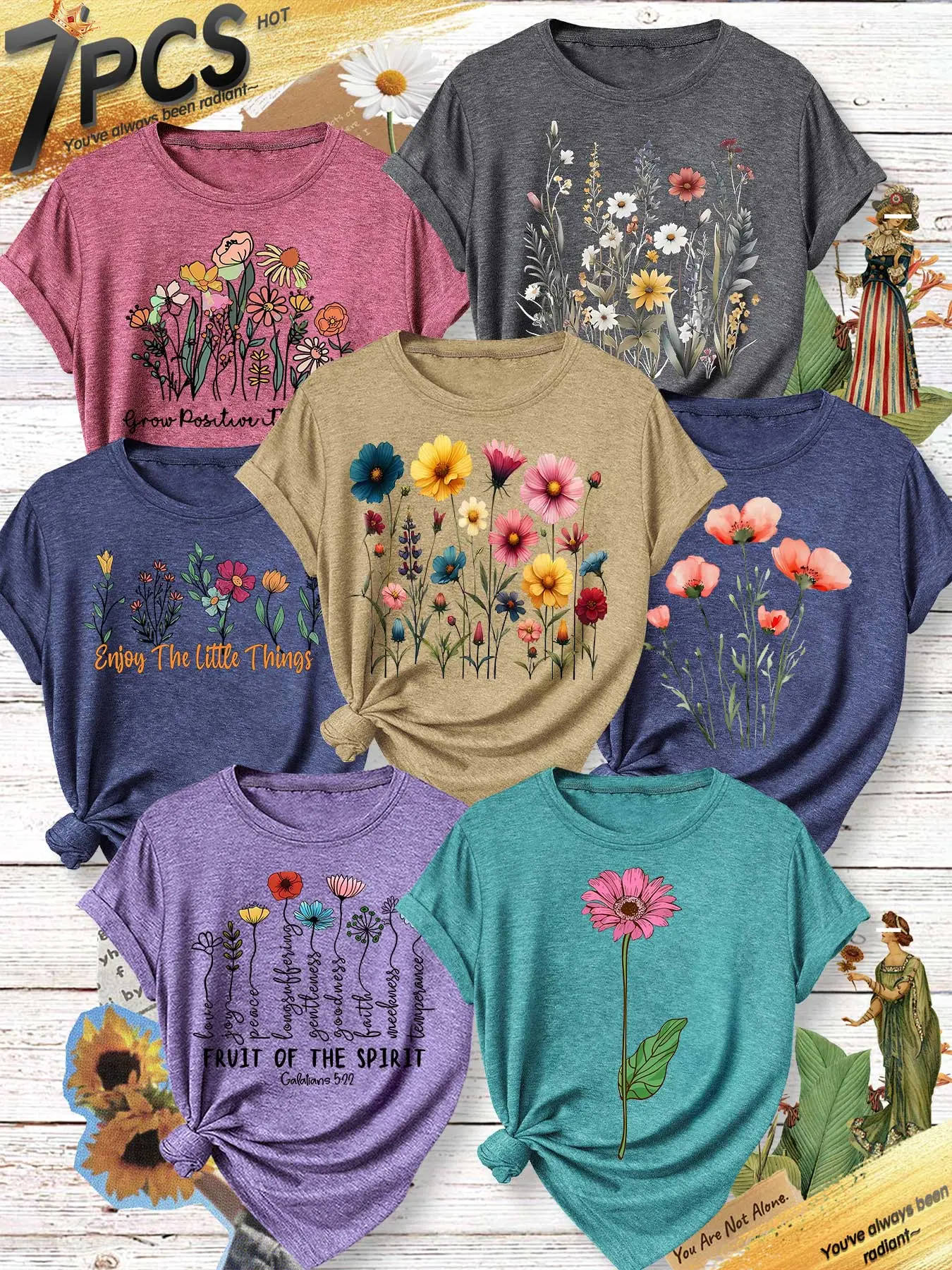 7PCS Women Crew Neck Tee, Casual Stylish Tee, Mixed Wildflower Inspirational Slogan Print, multi-color, washable, soft spring summer Casual top