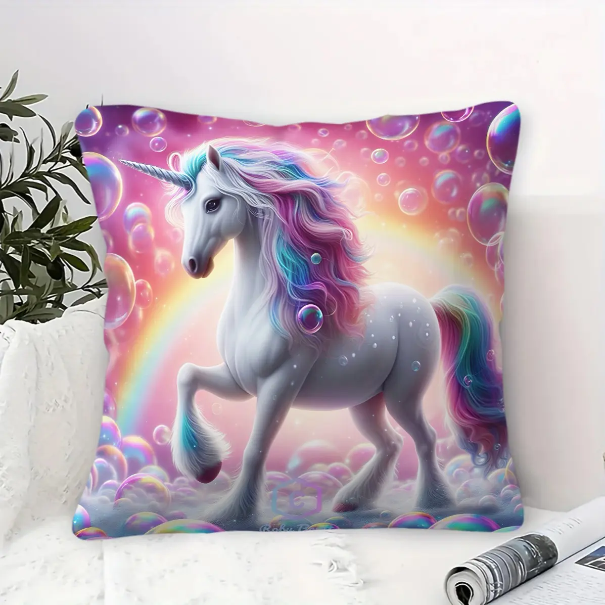 Neon Colorful Personalized Unicorn Pillow, Machine Washable, Diverse Artistic Trendy Print, Plush and Soft Filling, Suitable for Unique Living Room Decor Sofa Cushion, Removable Washable Cushions (Includes Pillow Core, Removable)