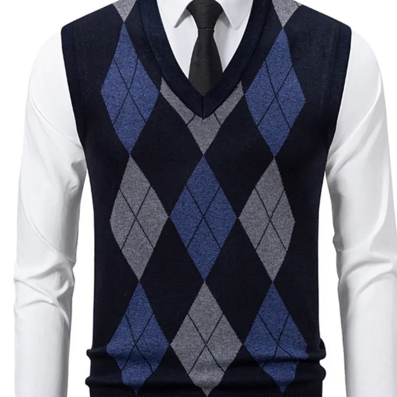 New Spring & Fall Fashion Casual Men's Knit Sweater, Colorblock H-Type Sleeveless Fitted Knitted Vest, Daily Commute Wearable Jacket, Casual Sleeveless Knitwear