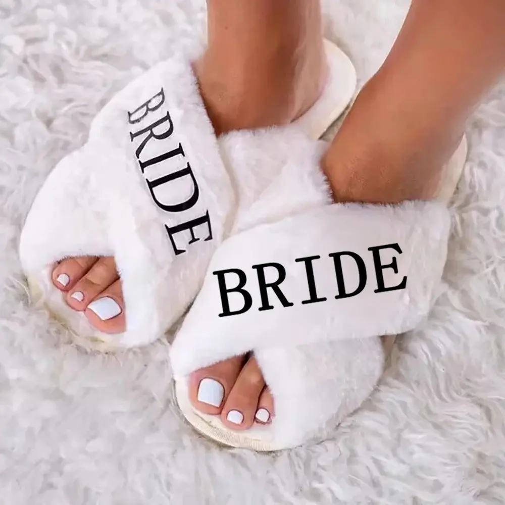 Bride fluffy home Slippers Spring autumn winter spa Sleepover rustic beach Wedding Morning engagement Bridal Shower Honeymoon travel Bachelorette hen night Party Bach Weekend Girls Trip bride to be decoration Future Mrs Gift wifey present photo props