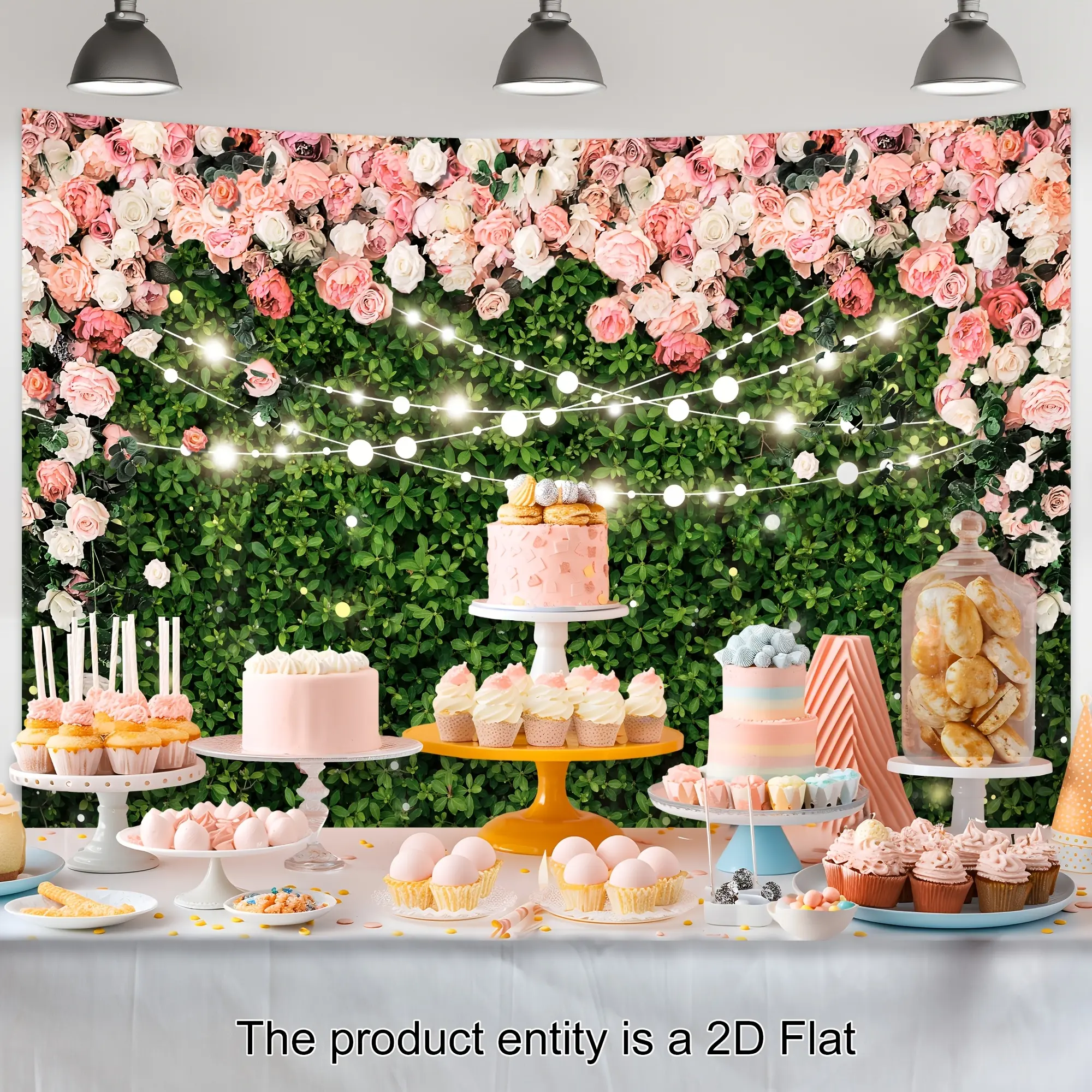 Polyester Pink Rose & Green Leaf Spring Floral Backdrop Banner - Lightweight Room Wall Decoration with Light String, Ideal Wedding Background Gift for Bridal Shower Photography