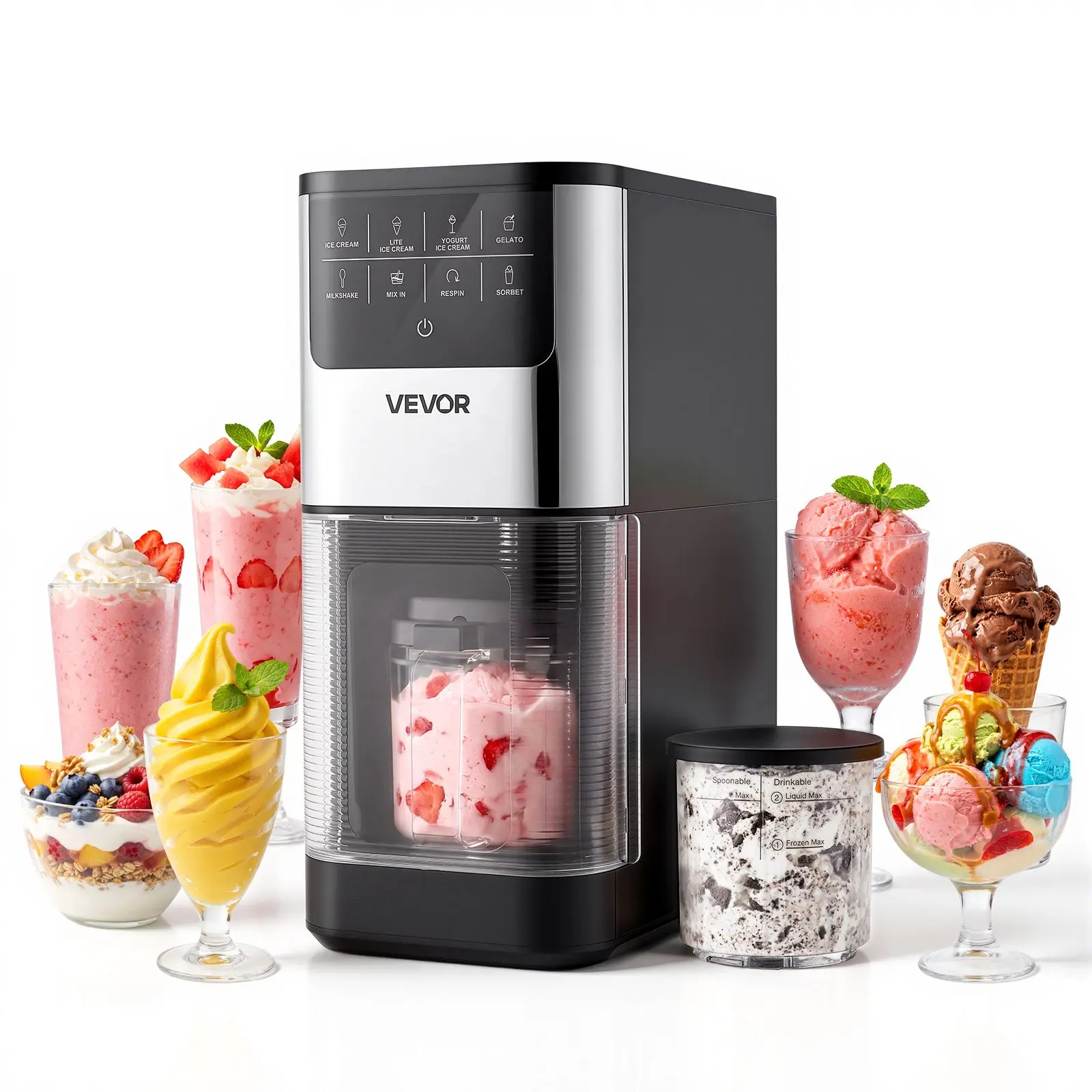 VEVOR Ice Cream Maker, 7-in-1 Frozen Treat Maker for Gelato, Sorbet, Milkshake, Frozen Yogurt Lite Ice Cream, Homemade Ice-Cream Machine with One-Touch Mix-in+ Respin for Smooth, Creamy Texture