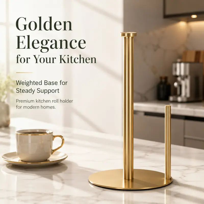 Gold Premium Modern Countertop Paper Towel Holder Stand with Weighted Base, One Hand Tear Free Standing Kitchen Roll Paper Dispenser for Countertop Home