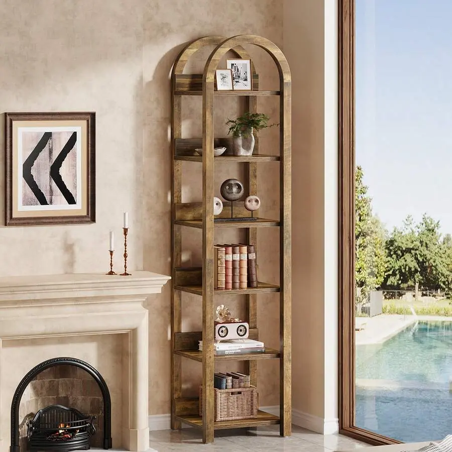 71" Tall Narrow Bookshelf With 6-Tier Shelves, Arched Bookcase Small Space, Skinny Display Shelf Wooden Open Storage Rack Living Room, Home Office, Bathroom,, Rustic Brown