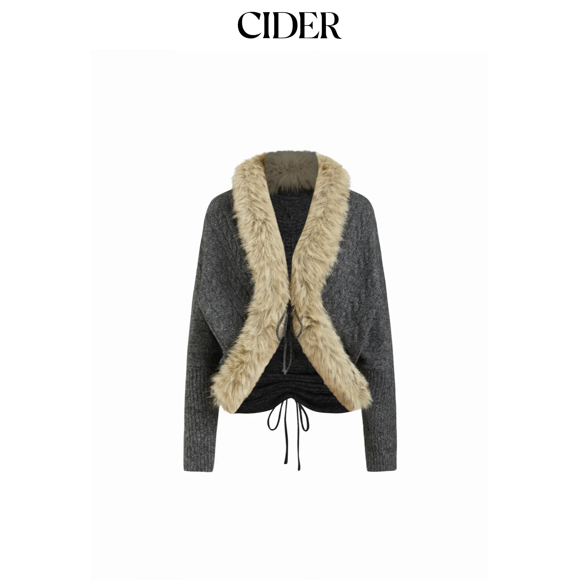 Cider Knit V-neck Faux Fur Trim & Drawstring Oversized Cardigan SohoChic