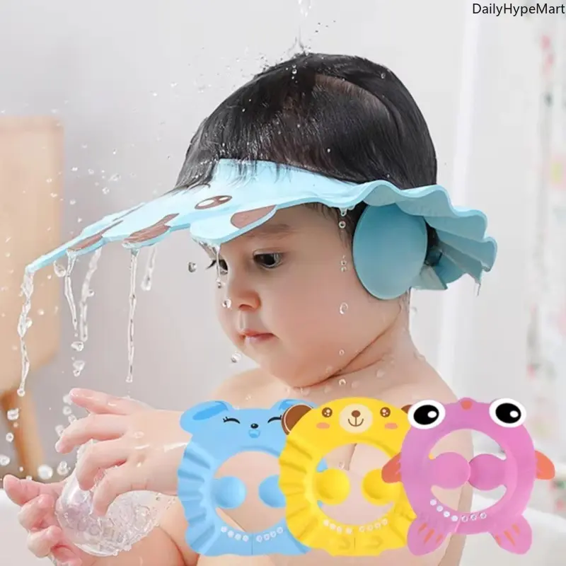 Soft PVC Eco-Friendly Adjustable Splash-Proof Shower Cap for Adults - 1 Size, Cute, Durable, Lightweight, Soft Ear Protection, 1157a, Fits 0-3 Years Olds for Bath, Daily Use