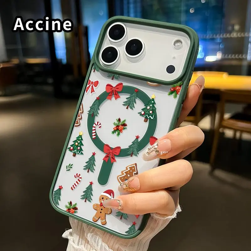 Accine Christmas Delight Pattern Magnetic Smartphone Cover Transparent Acrylic Handheld Protector for iPhone 18/17/16 Pro Max Plus/15/14/13/12/11/Air E, Shockproof, Wireless Charging Compatible, Fingerprint-Resistant, Slip-Resistant Friend Gift Accessory