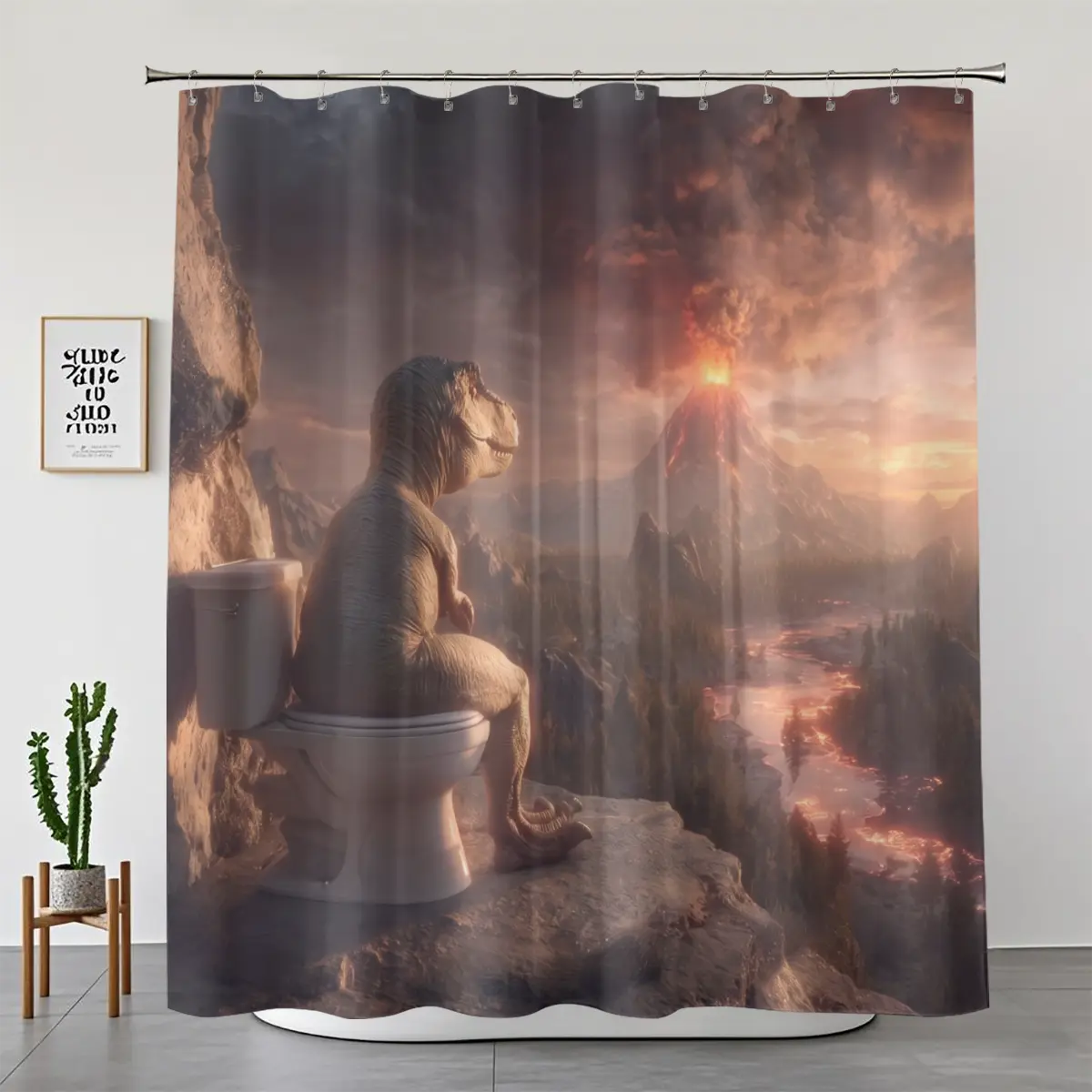 1/4pcs Funny T-Rex Dinosaur on Toilet Shower Curtain Set Erupting Volcano Prehistoric Landscape Bathroom Decor Waterproof Fabric Washable Humorous Room Accessories Aesthetic Home Styling