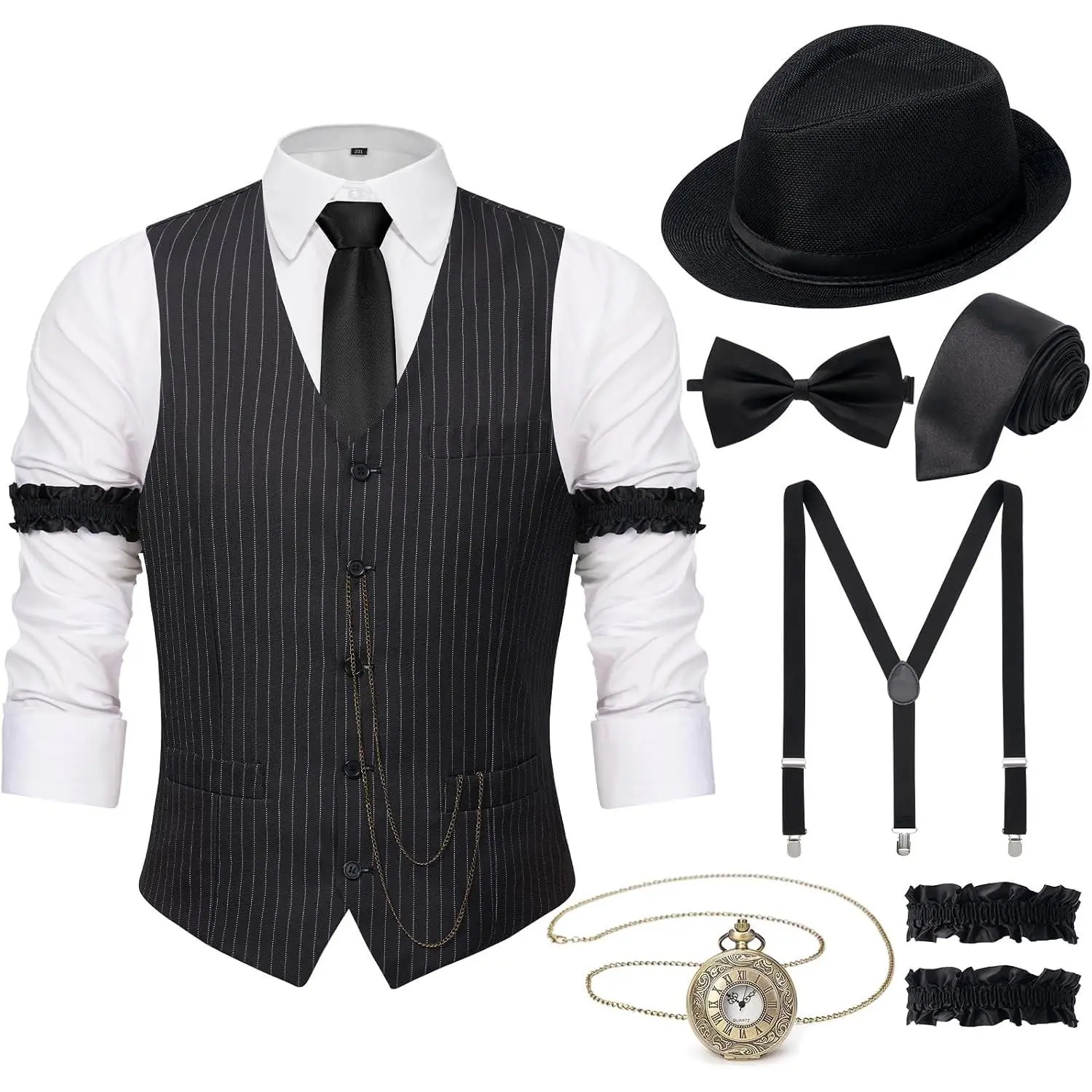 1920s Mens Costume Outfit, Roaring 20s Gatsby Accessories for Men, Vest Hat | 1920 mens outfit, gangster mobster costume, pocket watch, suspenders and tie, Harlem Nights, Halloween(Gift)