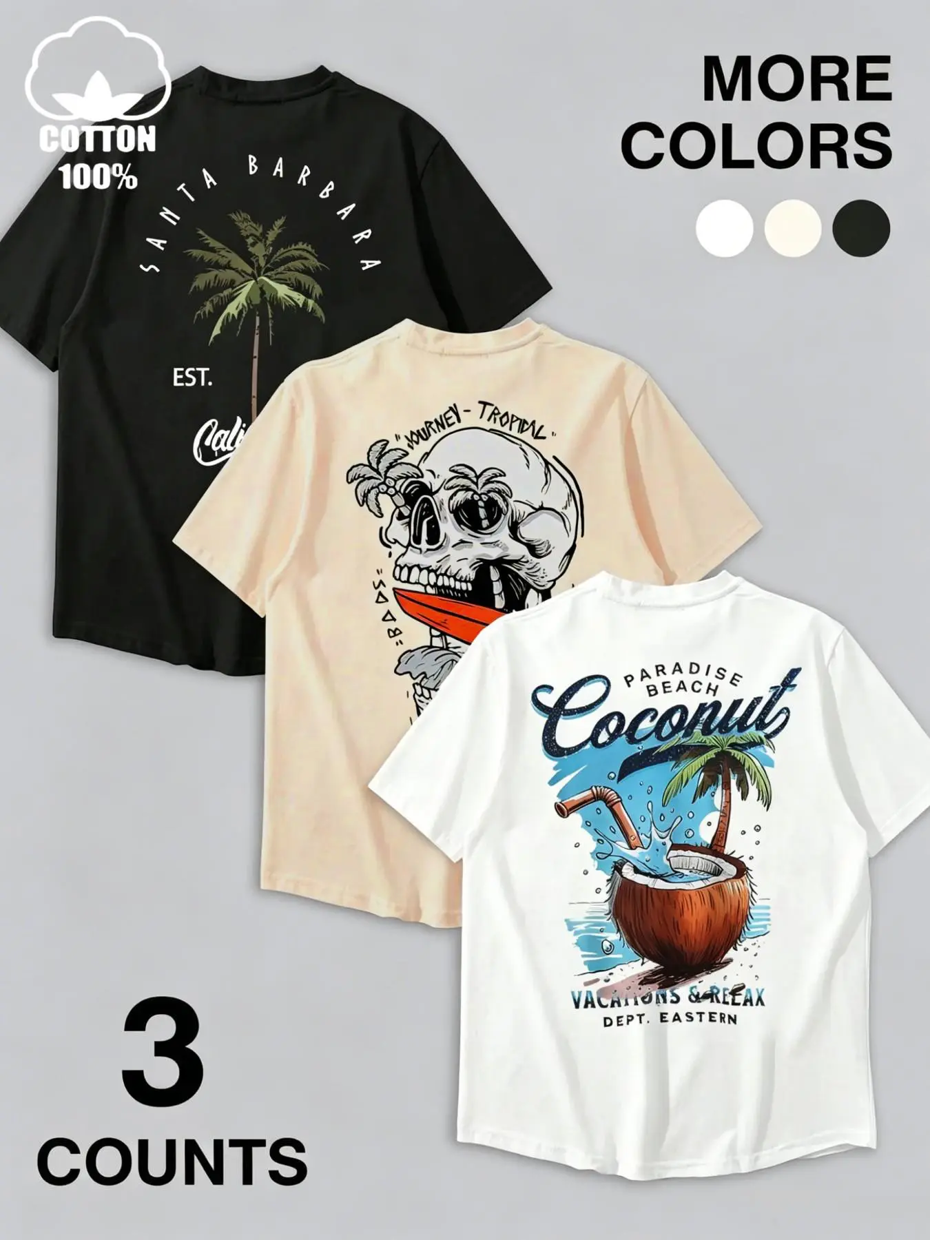 Large Size Men's 3-Pack 100% Cotton Loose T-Shirts, Round Neck, Tropical Print, Beach Palm Tree/skeleton Surf Short Sleeve, Summer Casual Streetwear Fashion