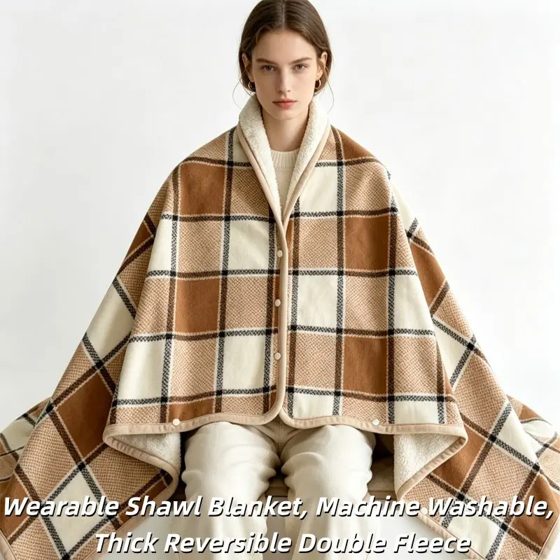 Wearable Lamb Fleece Blanket, Sleeveless Fuzzy Cape with Button Closure, Home Warmth, Sofa Blanket, Holiday Gift