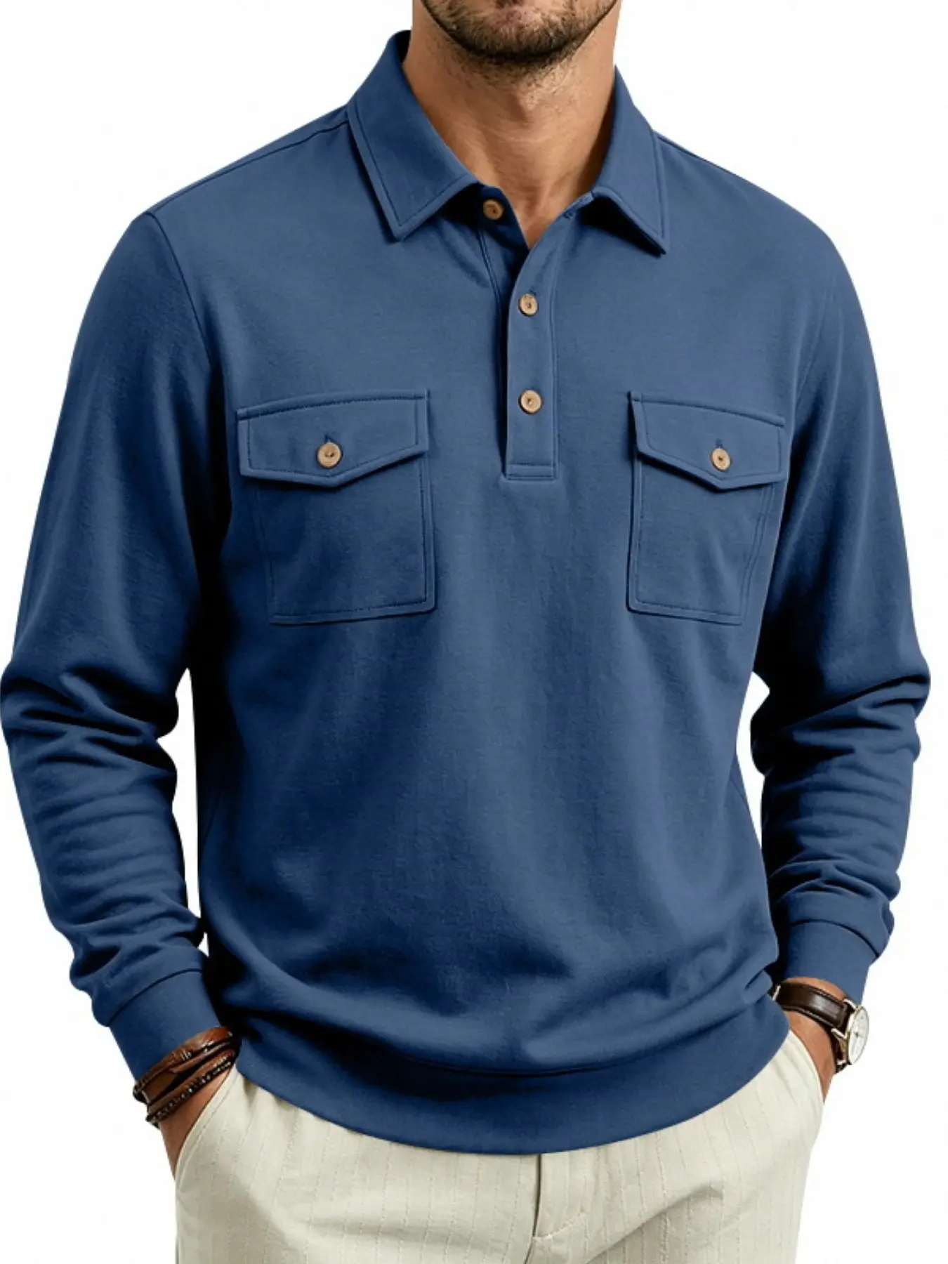 Men's Fashion Fall Winter Heavyweight Long Sleeve Polo, Casual Turn-Down Collar Sportswear, Multi-Pocket Sweatshirt Wholesale