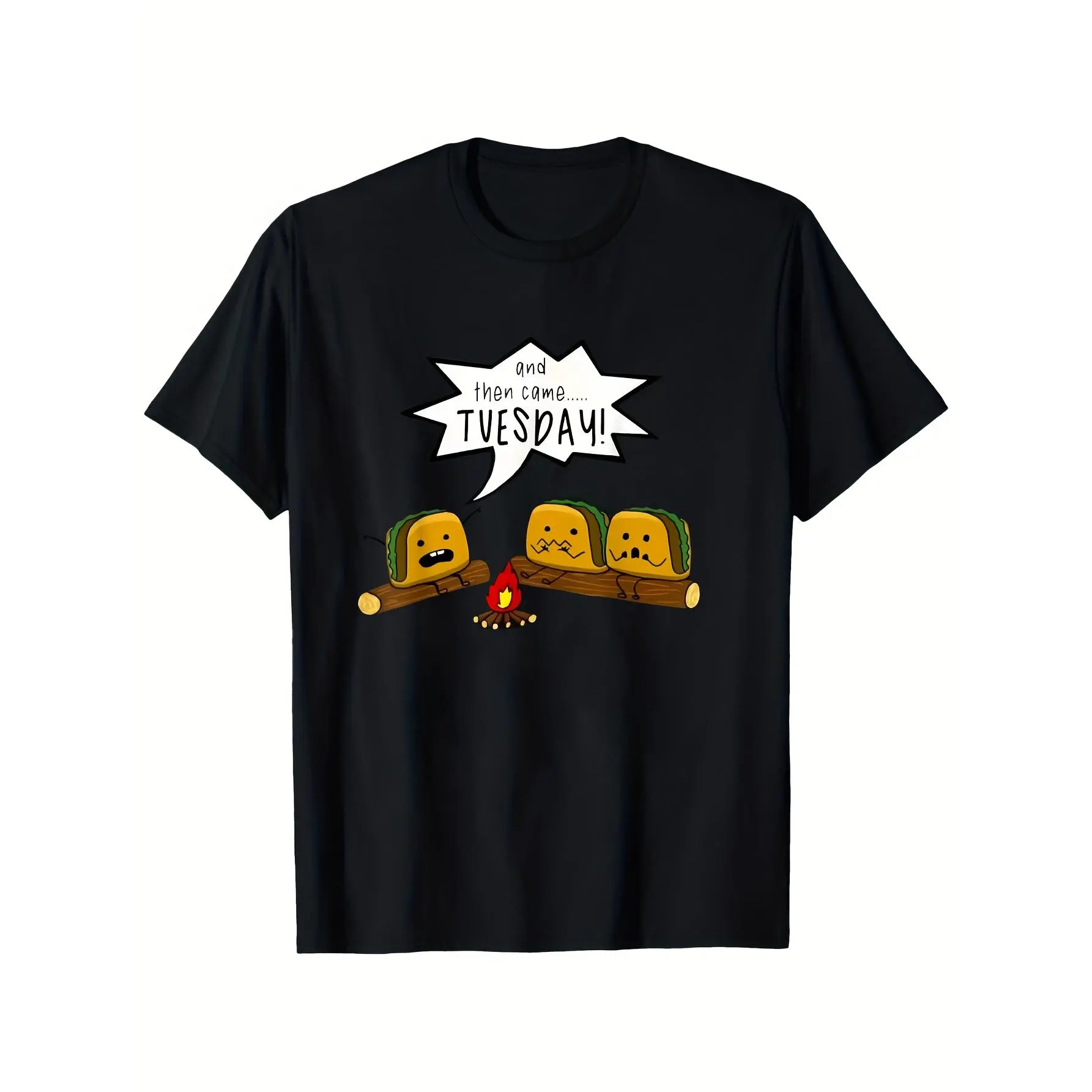Men's Single-piece Round-neck Short-sleeve T-shirt, Vintage "And Then Tuesday" Taco Camping Print, All-season Casual and Versatile